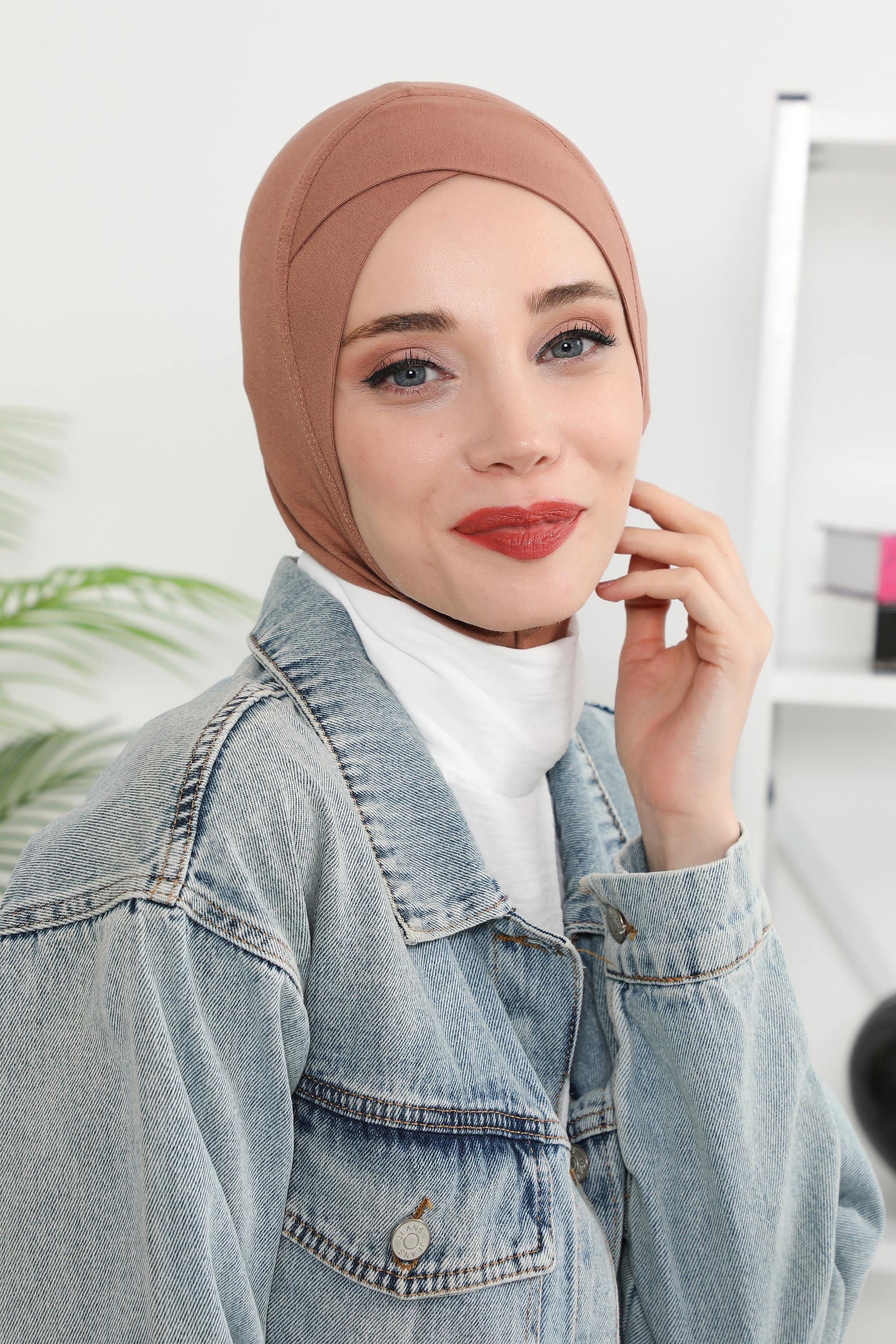Minimalist Design Cotton Under Scarf Bonnet, Soft and Breathable Inner Hijab Cap, Easy Wear Cotton Bonnet Turban Ninja Cap,TB-4 Caramel Brown