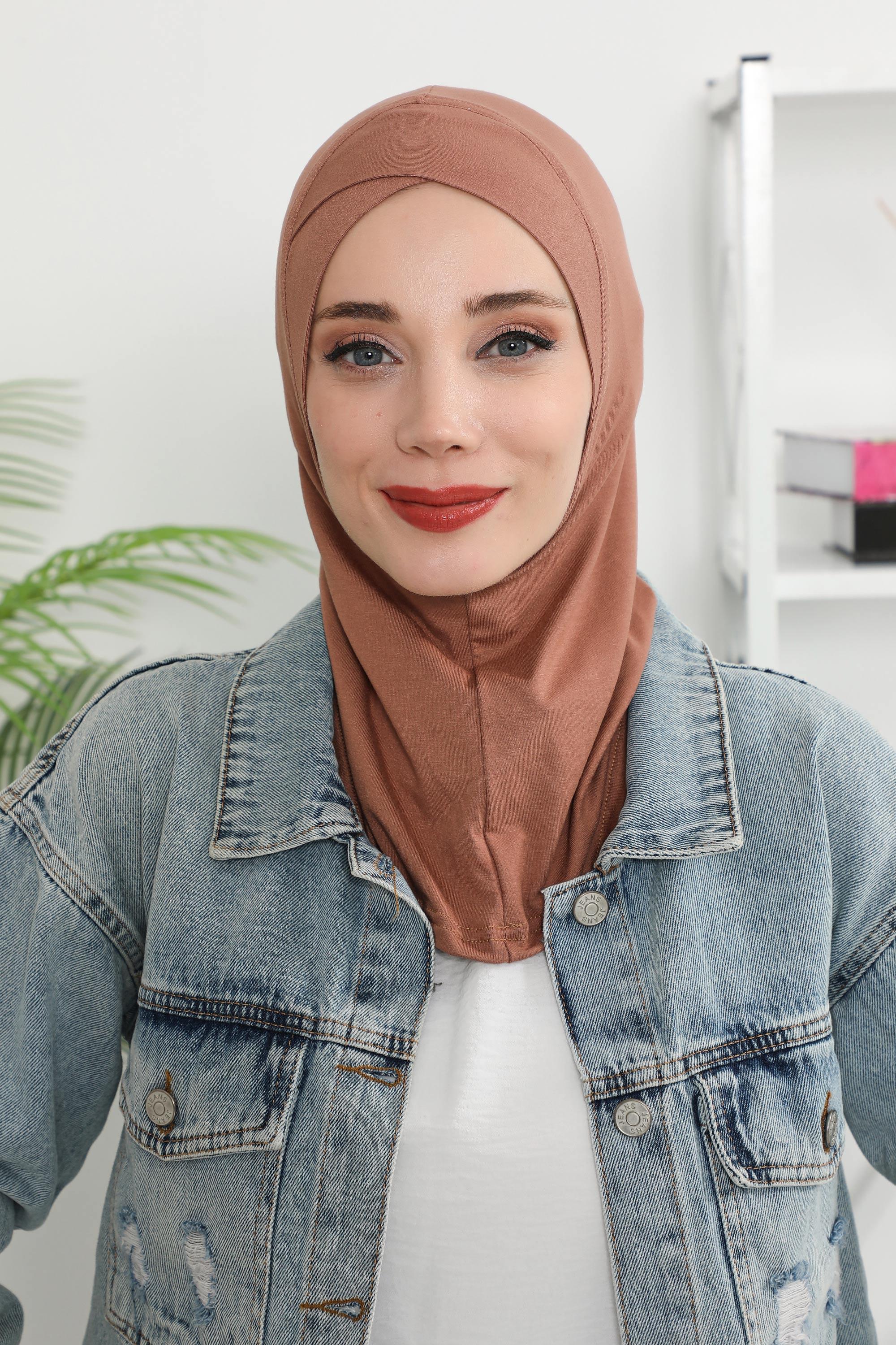 Minimalist Design Cotton Under Scarf Bonnet, Soft and Breathable Inner Hijab Cap, Easy Wear Cotton Bonnet Turban Ninja Cap,TB-4 Caramel Brown