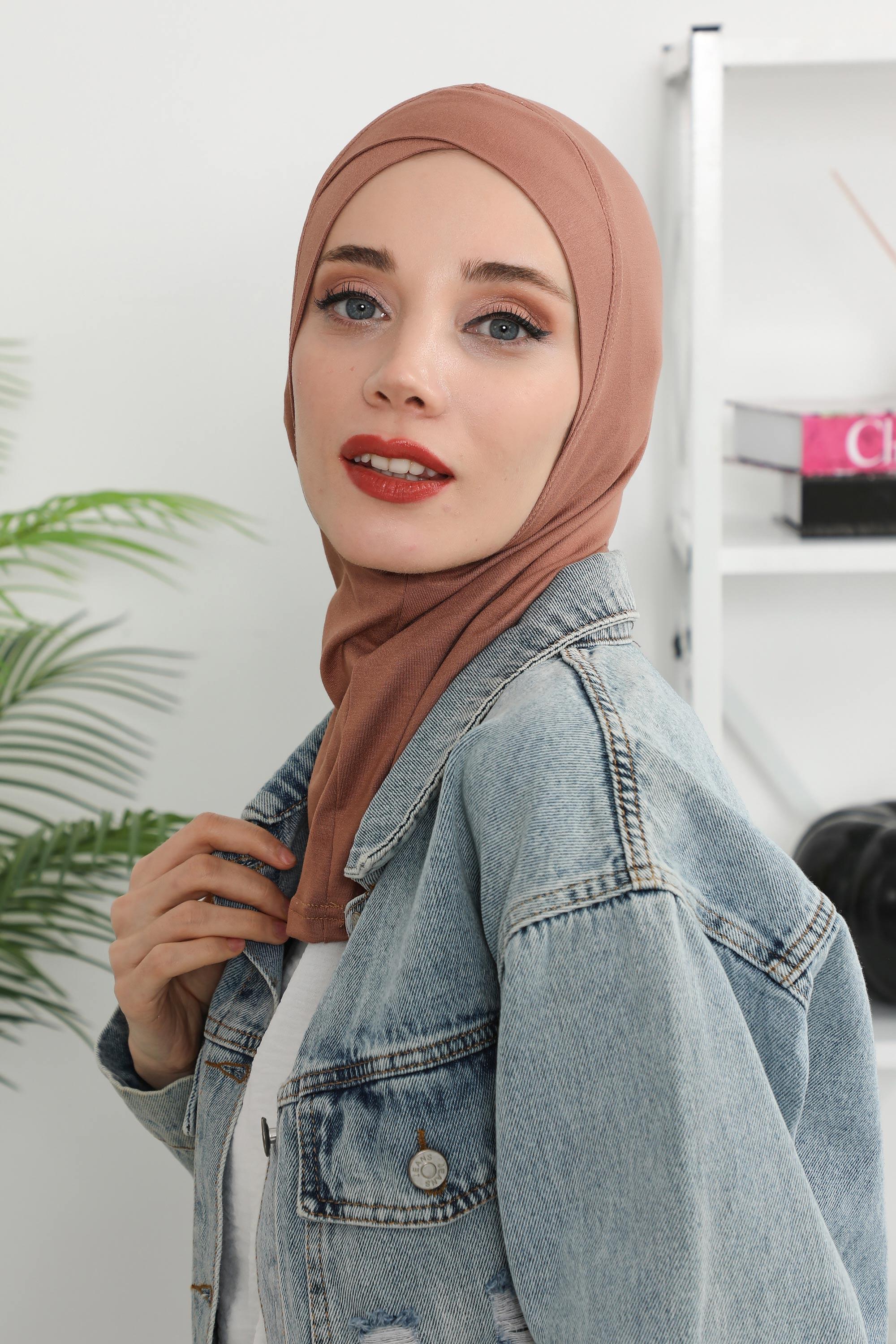Minimalist Design Cotton Under Scarf Bonnet, Soft and Breathable Inner Hijab Cap, Easy Wear Cotton Bonnet Turban Ninja Cap,TB-4 Caramel Brown