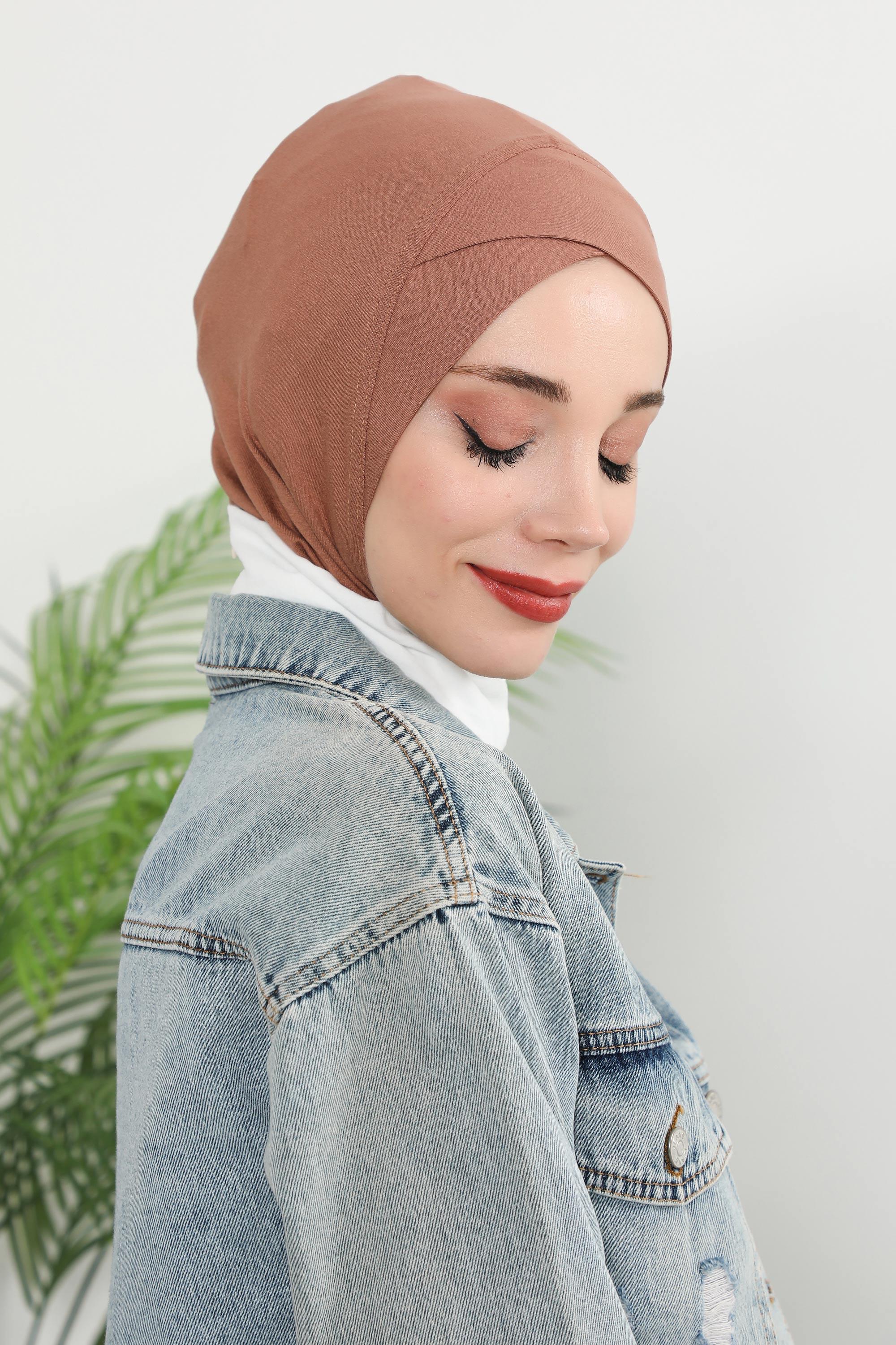 Minimalist Design Cotton Under Scarf Bonnet, Soft and Breathable Inner Hijab Cap, Easy Wear Cotton Bonnet Turban Ninja Cap,TB-4 Caramel Brown