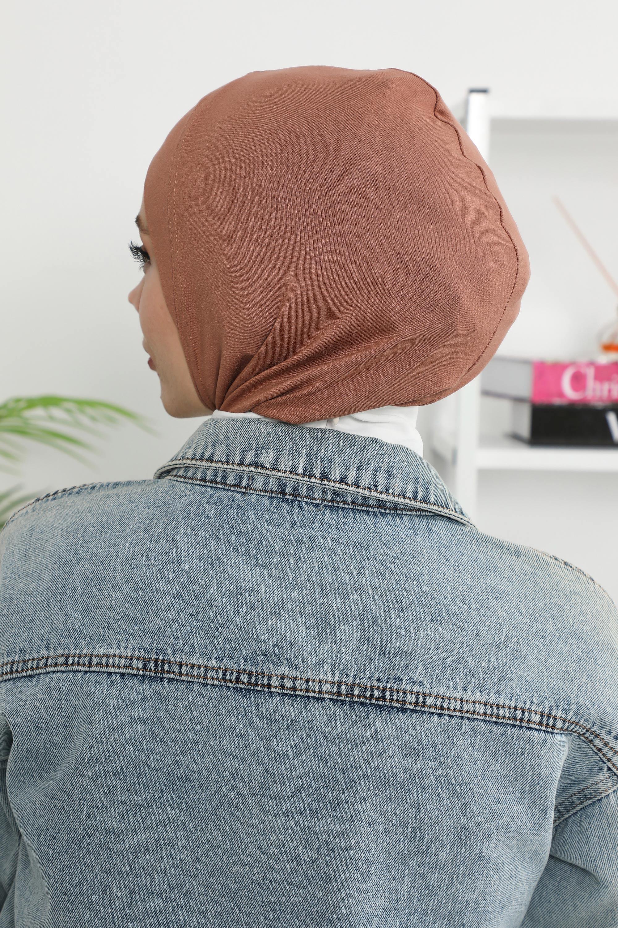 Minimalist Design Cotton Under Scarf Bonnet, Soft and Breathable Inner Hijab Cap, Easy Wear Cotton Bonnet Turban Ninja Cap,TB-4 Caramel Brown