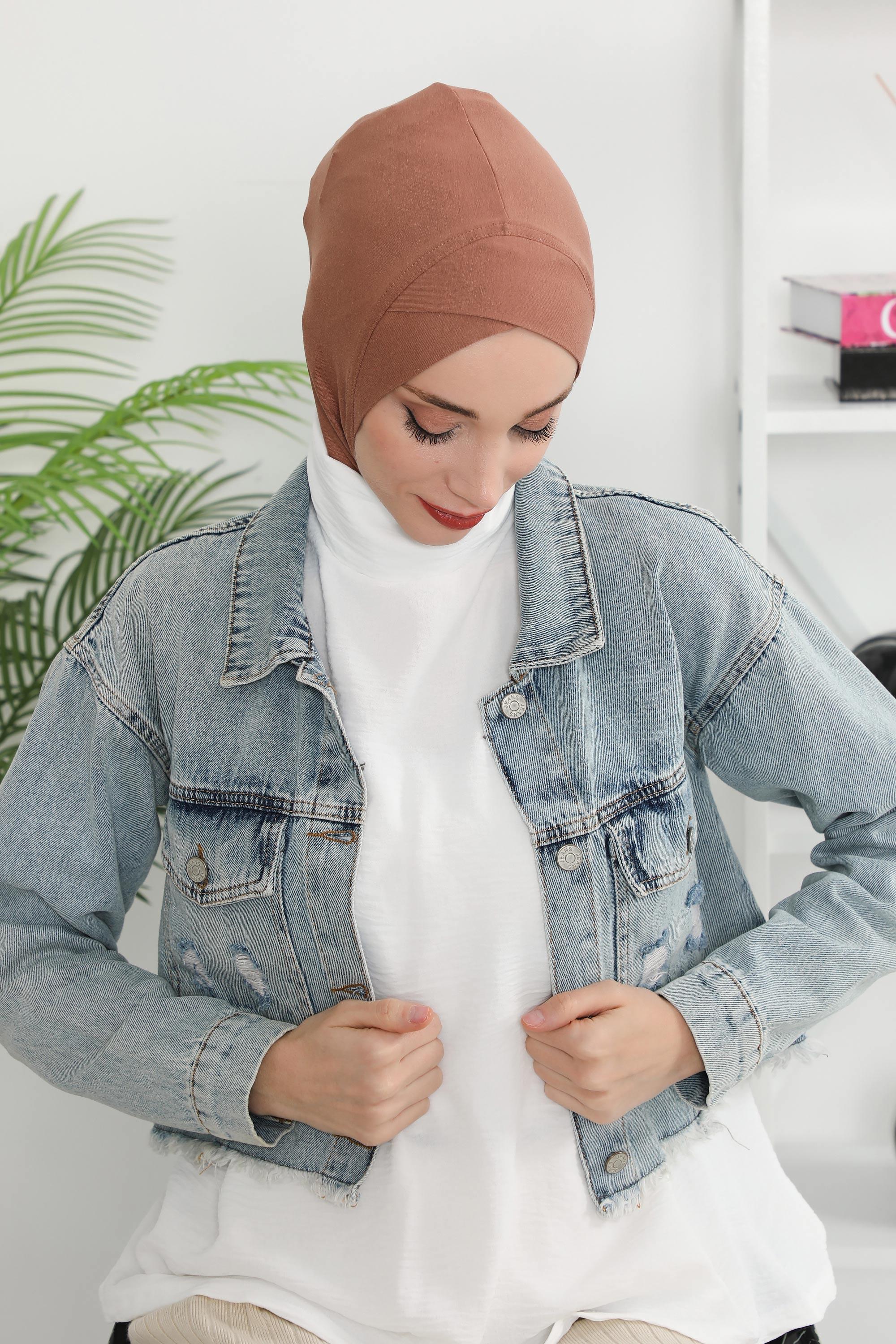 Minimalist Design Cotton Under Scarf Bonnet, Soft and Breathable Inner Hijab Cap, Easy Wear Cotton Bonnet Turban Ninja Cap,TB-4 Caramel Brown