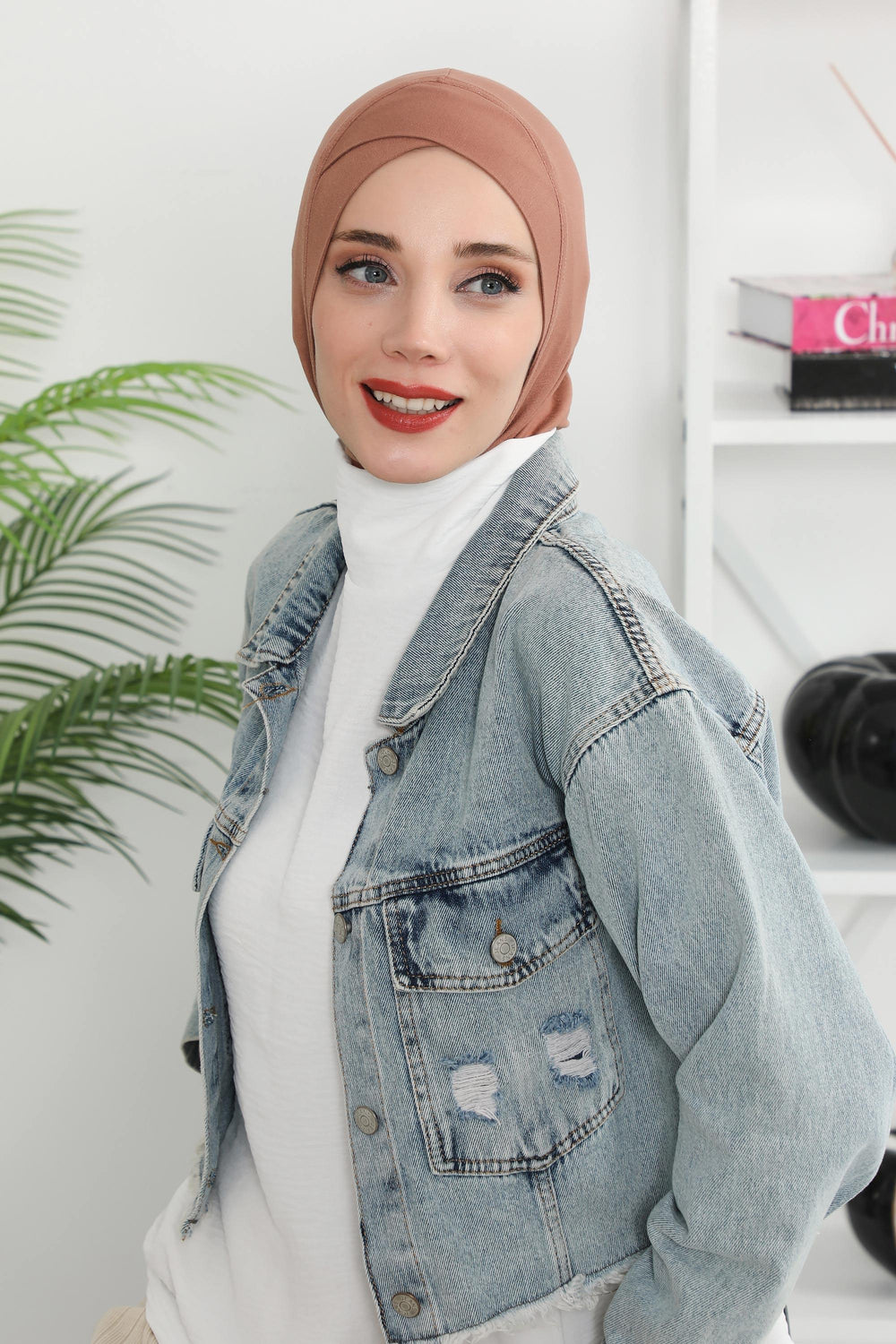 Minimalist Design Cotton Under Scarf Bonnet, Soft and Breathable Inner Hijab Cap, Easy Wear Cotton Bonnet Turban Ninja Cap,TB-4 Caramel Brown