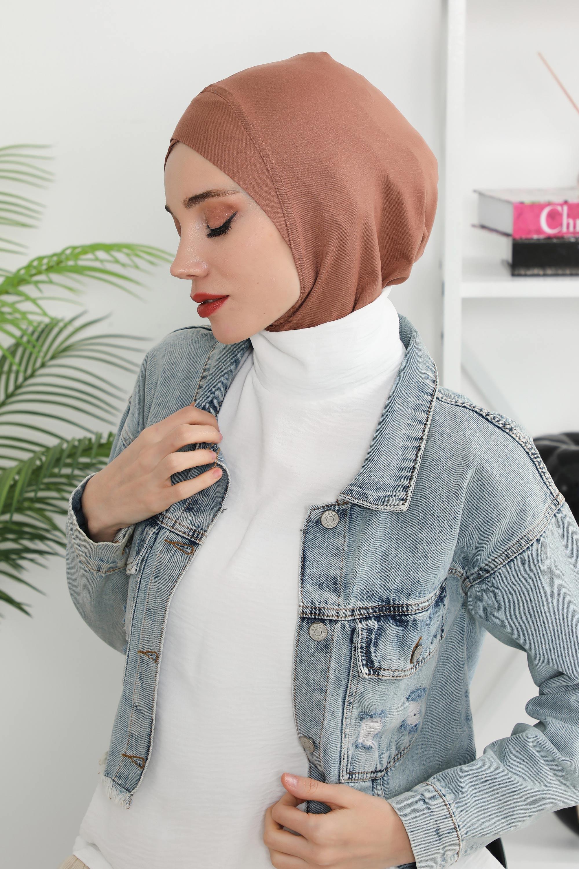 Minimalist Design Cotton Under Scarf Bonnet, Soft and Breathable Inner Hijab Cap, Easy Wear Cotton Bonnet Turban Ninja Cap,TB-4 Caramel Brown