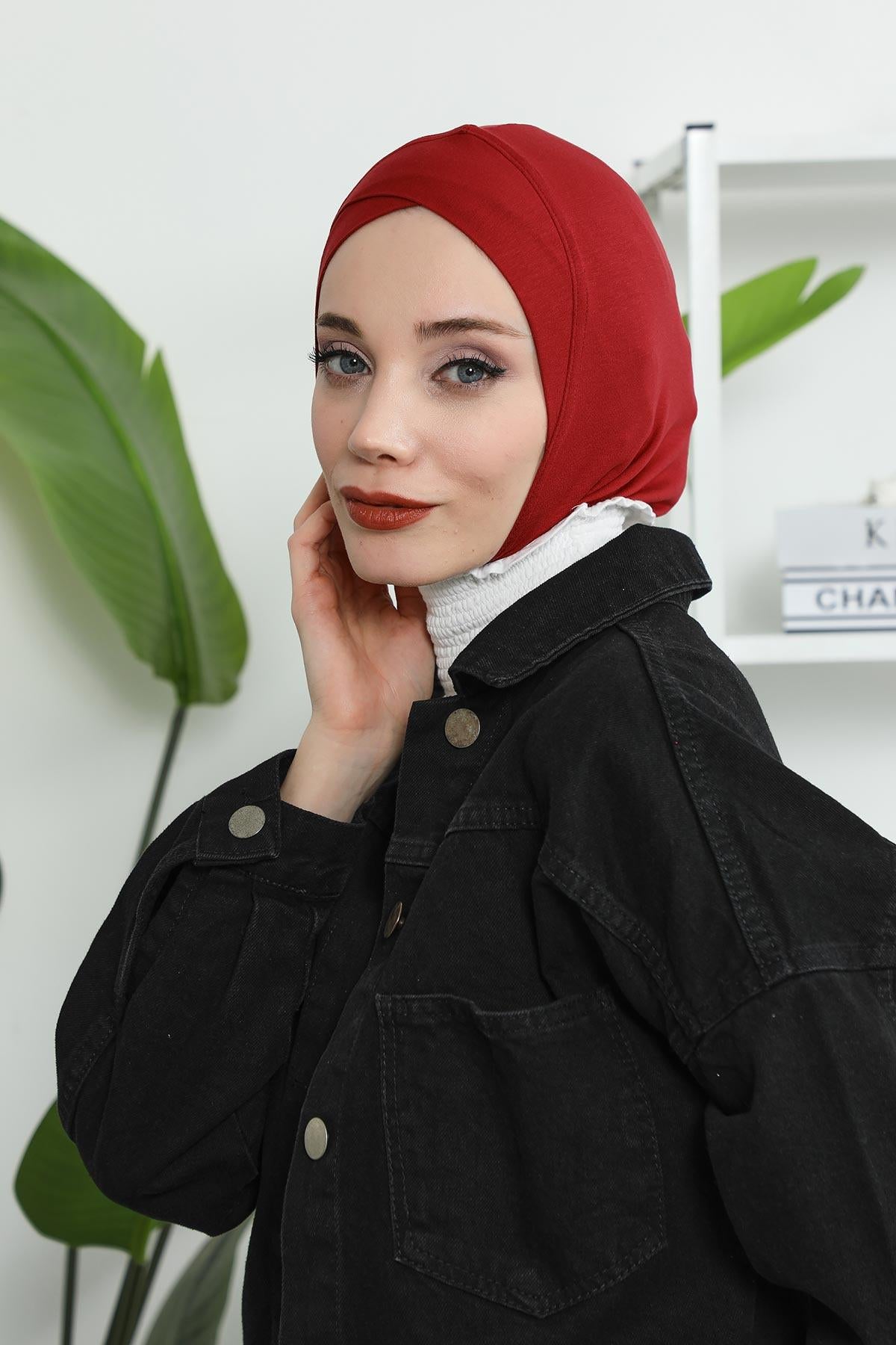 Minimalist Design Cotton Under Scarf Bonnet, Soft and Breathable Inner Hijab Cap, Easy Wear Cotton Bonnet Turban Ninja Cap,TB-4 Maroon