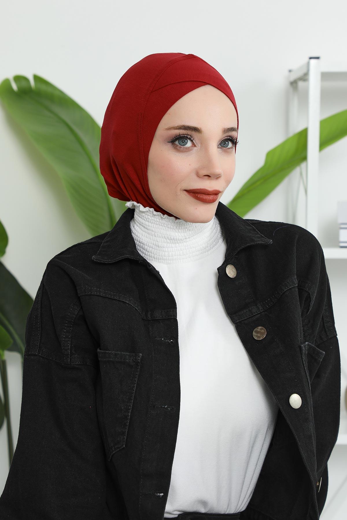 Minimalist Design Cotton Under Scarf Bonnet, Soft and Breathable Inner Hijab Cap, Easy Wear Cotton Bonnet Turban Ninja Cap,TB-4 Maroon