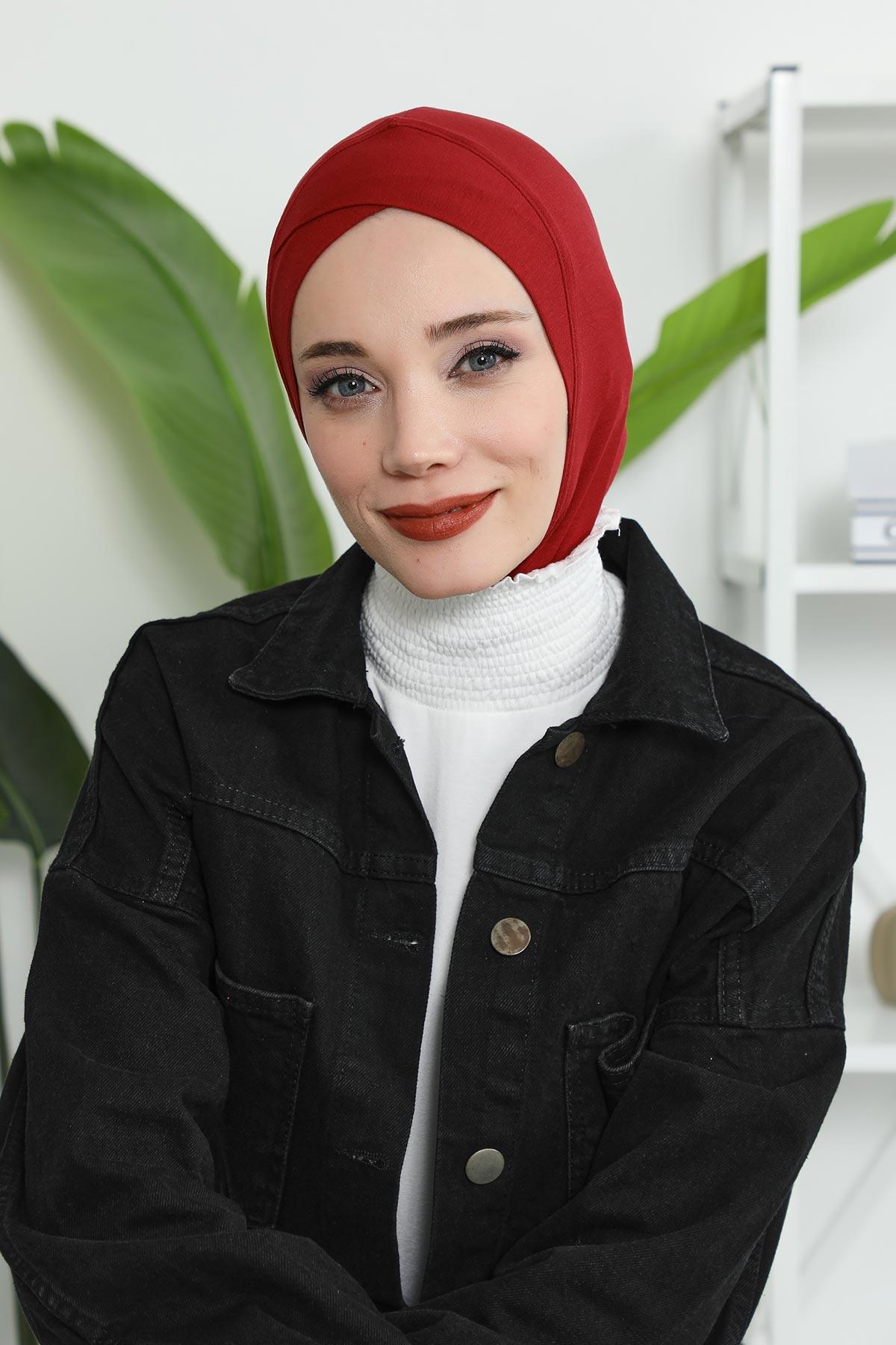 Minimalist Design Cotton Under Scarf Bonnet, Soft and Breathable Inner Hijab Cap, Easy Wear Cotton Bonnet Turban Ninja Cap,TB-4 Maroon
