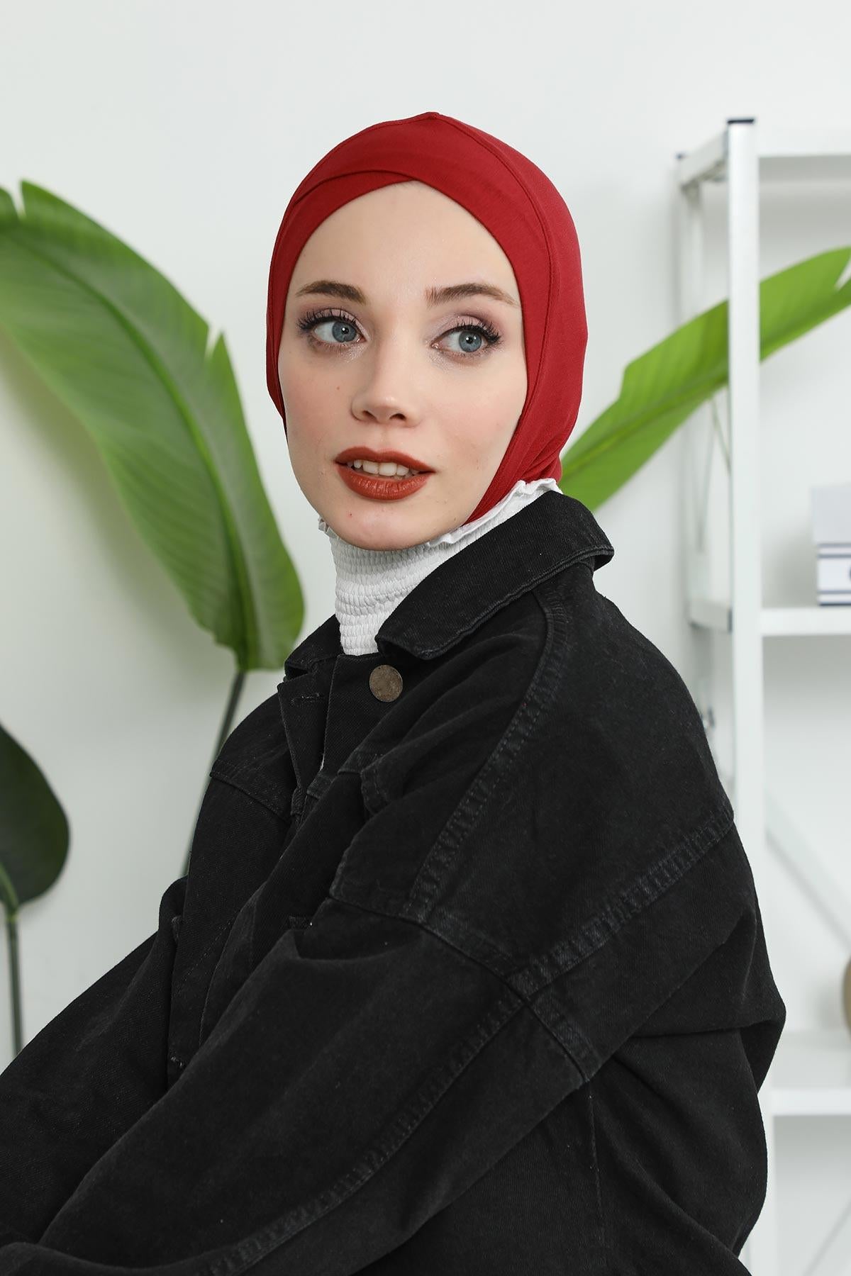 Minimalist Design Cotton Under Scarf Bonnet, Soft and Breathable Inner Hijab Cap, Easy Wear Cotton Bonnet Turban Ninja Cap,TB-4 Maroon