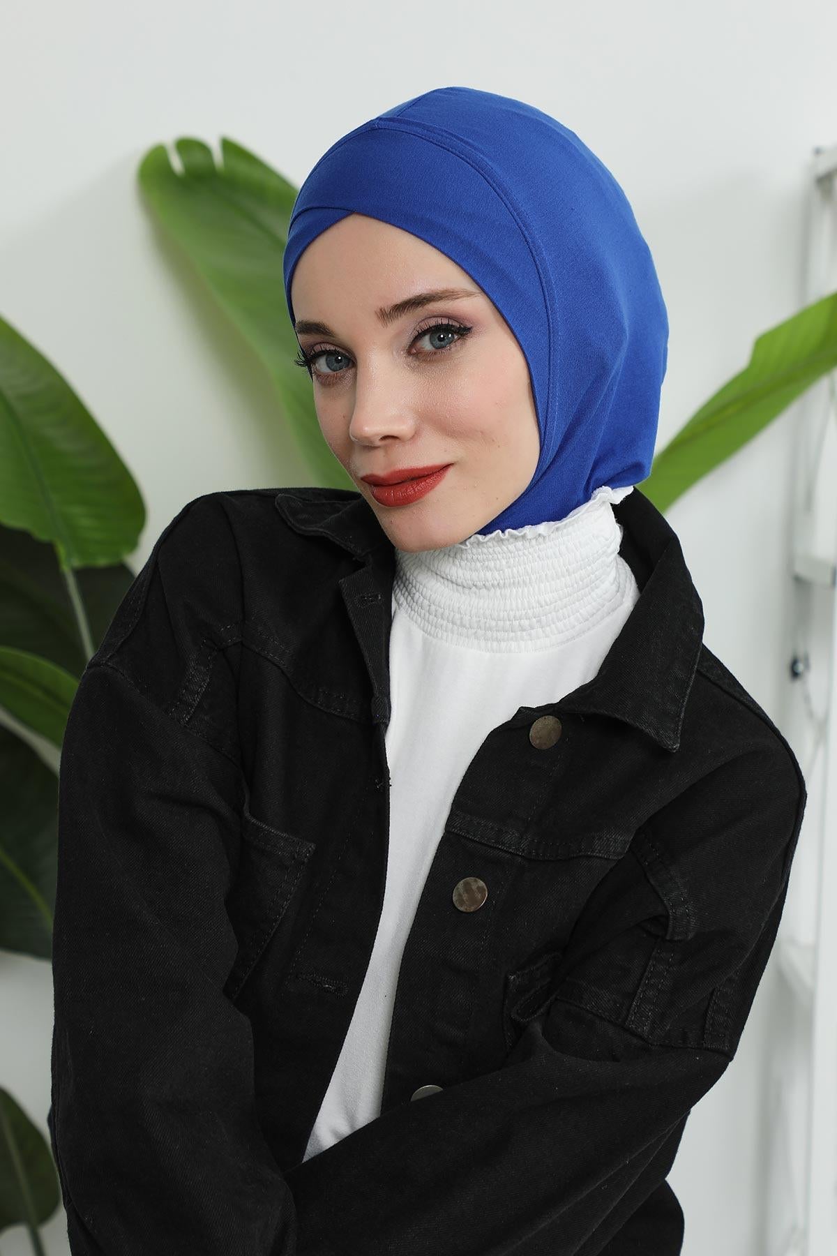 Minimalist Design Cotton Under Scarf Bonnet, Soft and Breathable Inner Hijab Cap, Easy Wear Cotton Bonnet Turban Ninja Cap,TB-4 Sax Blue