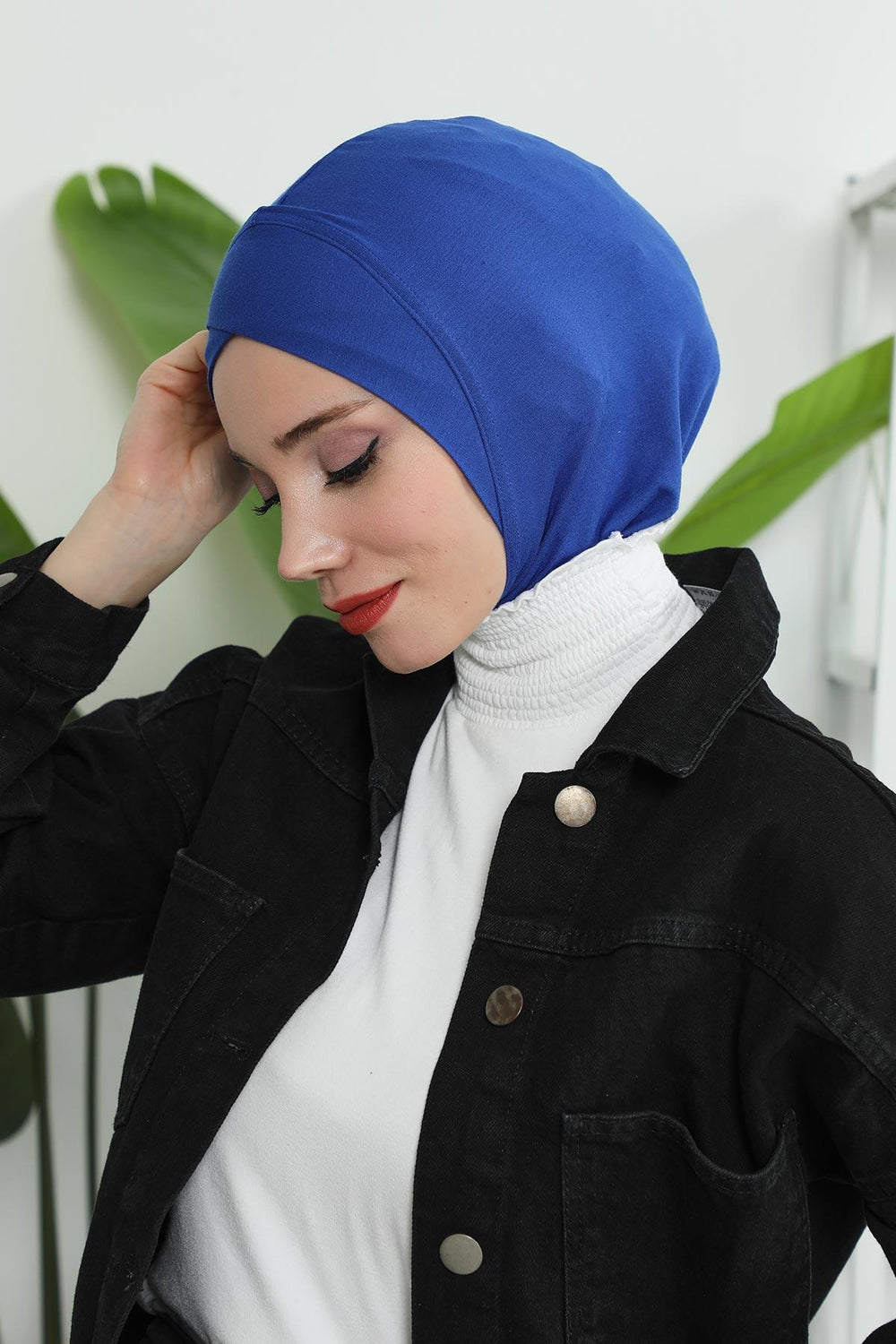 Minimalist Design Cotton Under Scarf Bonnet, Soft and Breathable Inner Hijab Cap, Easy Wear Cotton Bonnet Turban Ninja Cap,TB-4 Sax Blue