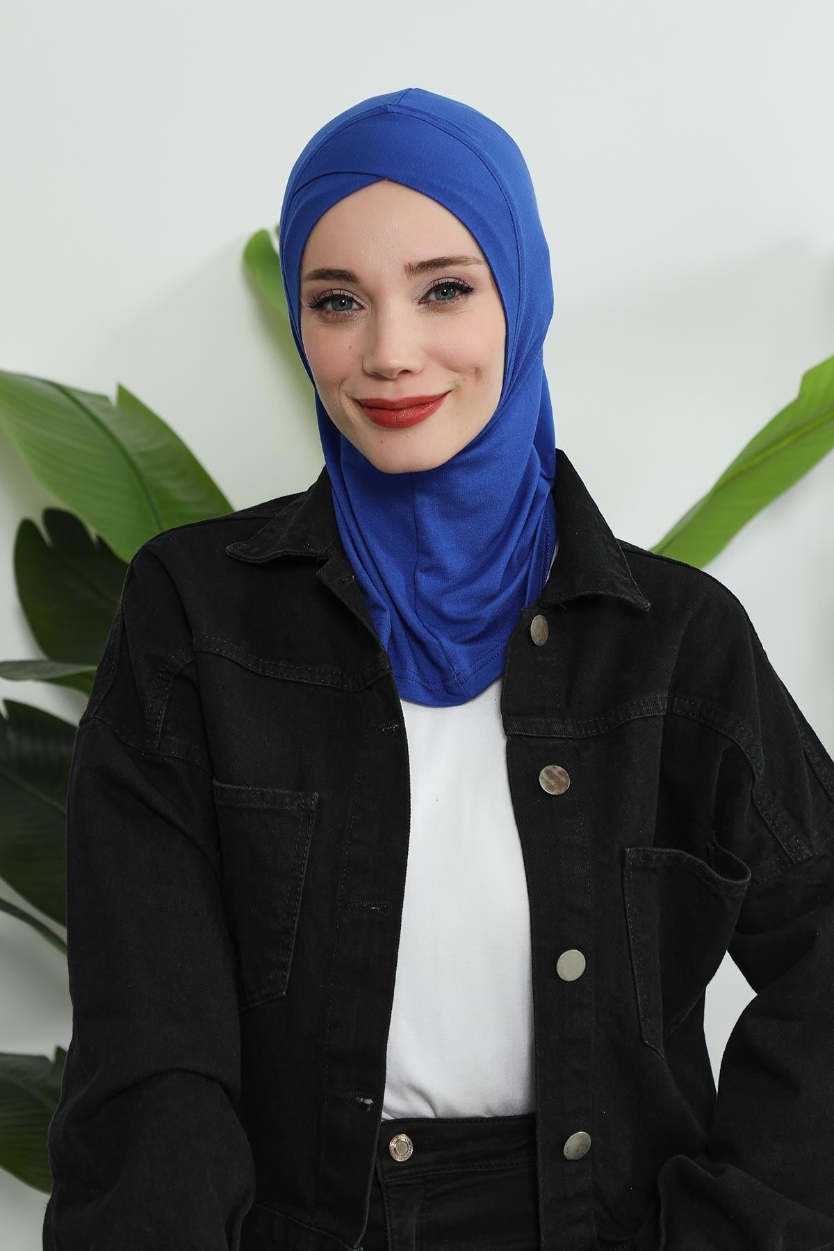 Minimalist Design Cotton Under Scarf Bonnet, Soft and Breathable Inner Hijab Cap, Easy Wear Cotton Bonnet Turban Ninja Cap,TB-4 Sax Blue