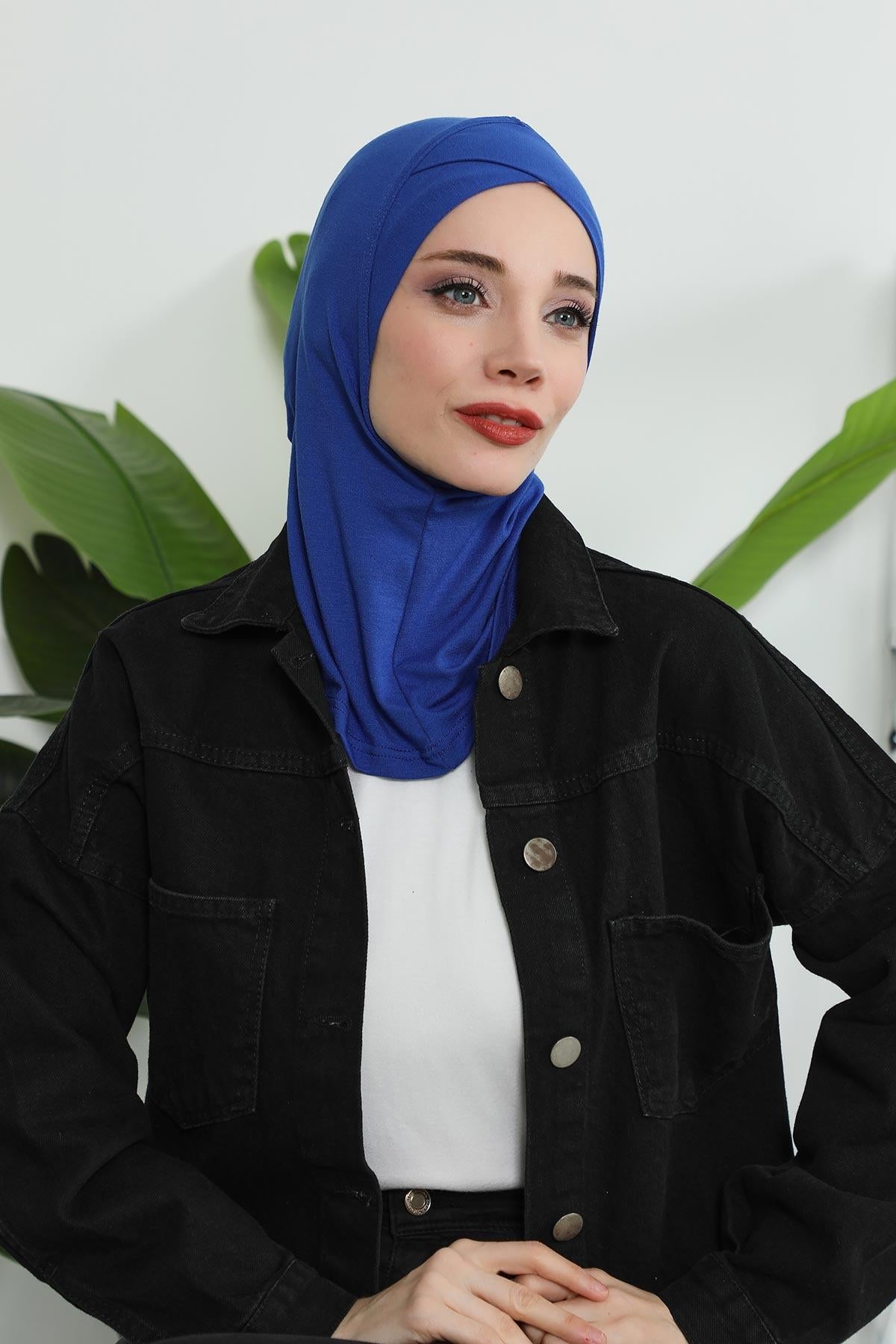 Minimalist Design Cotton Under Scarf Bonnet, Soft and Breathable Inner Hijab Cap, Easy Wear Cotton Bonnet Turban Ninja Cap,TB-4 Sax Blue