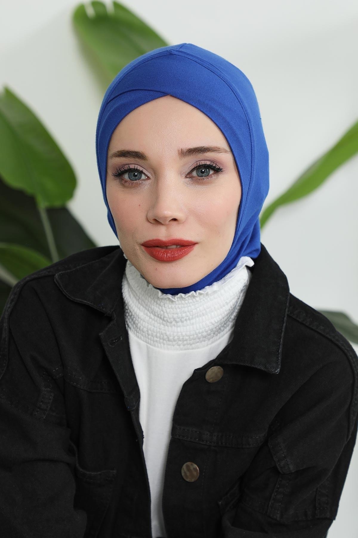 Minimalist Design Cotton Under Scarf Bonnet, Soft and Breathable Inner Hijab Cap, Easy Wear Cotton Bonnet Turban Ninja Cap,TB-4 Sax Blue