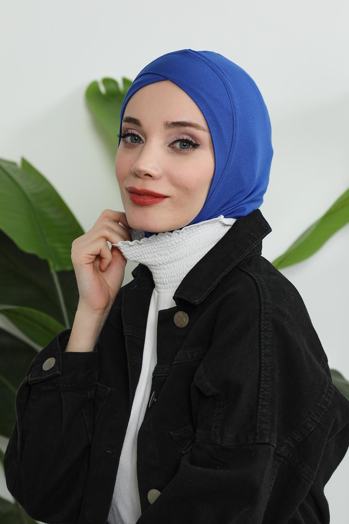 Minimalist Design Cotton Under Scarf Bonnet, Soft and Breathable Inner Hijab Cap, Easy Wear Cotton Bonnet Turban Ninja Cap,TB-4 Sax Blue