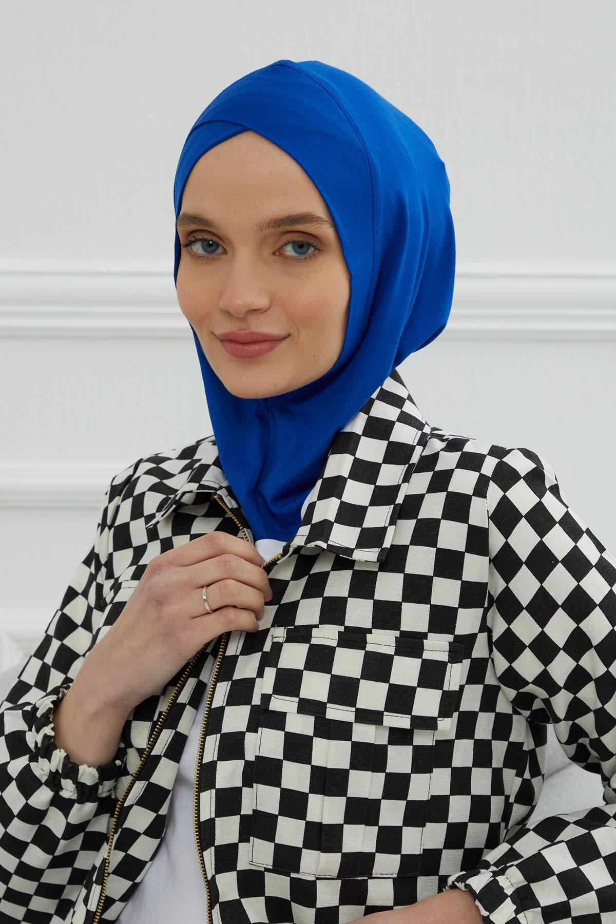 Minimalist Design Cotton Under Scarf Bonnet, Soft and Breathable Inner Hijab Cap, Easy Wear Cotton Bonnet Turban Ninja Cap,TB-4 Sax Blue