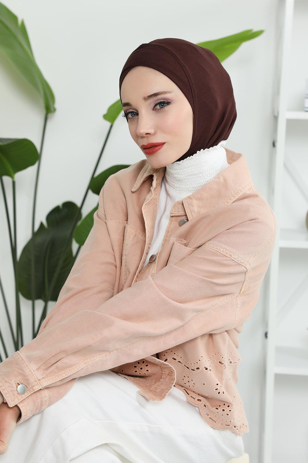 Minimalist Design Cotton Under Scarf Bonnet, Soft and Breathable Inner Hijab Cap, Easy Wear Cotton Bonnet Turban Ninja Cap,TB-4 Brown