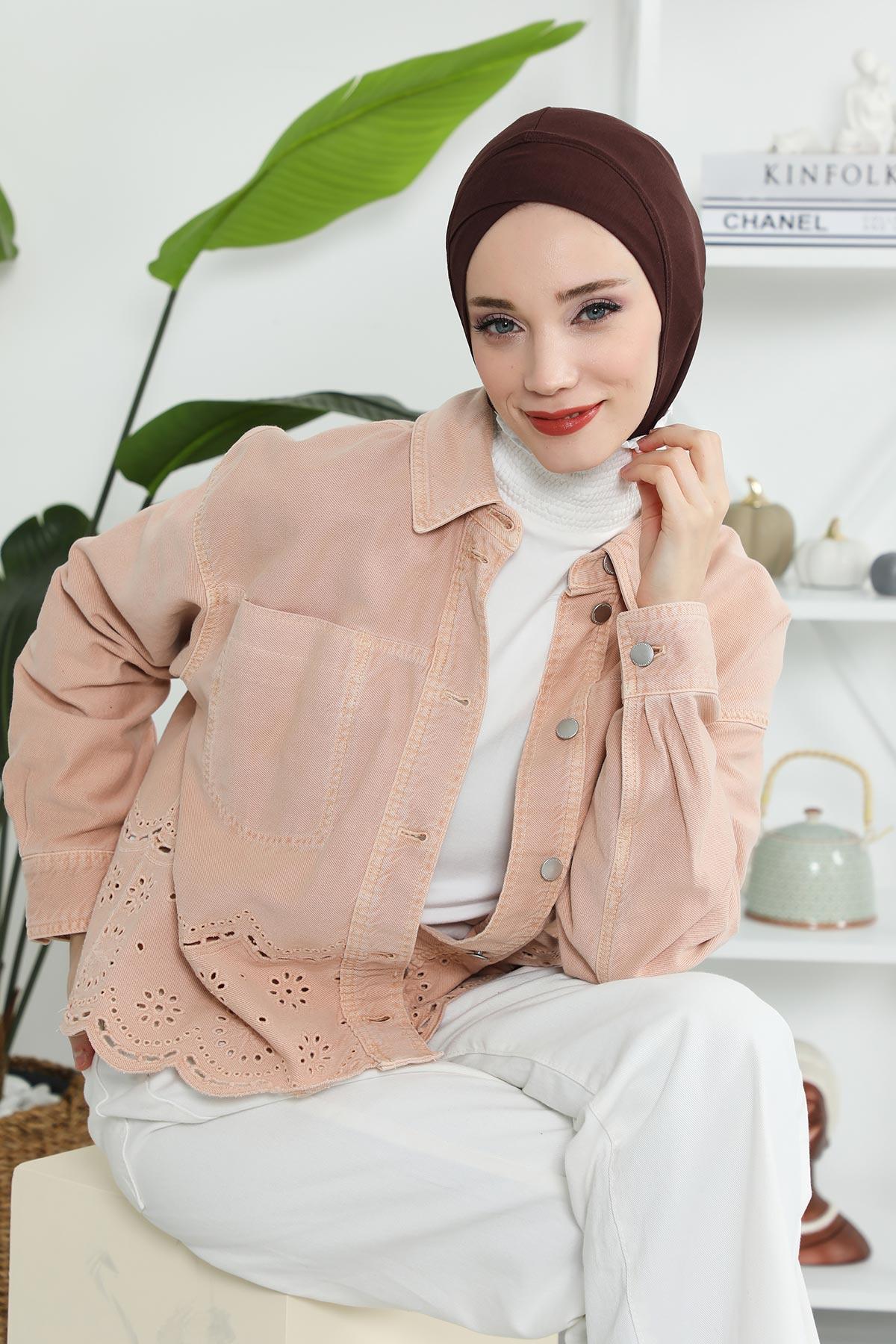 Minimalist Design Cotton Under Scarf Bonnet, Soft and Breathable Inner Hijab Cap, Easy Wear Cotton Bonnet Turban Ninja Cap,TB-4 Brown