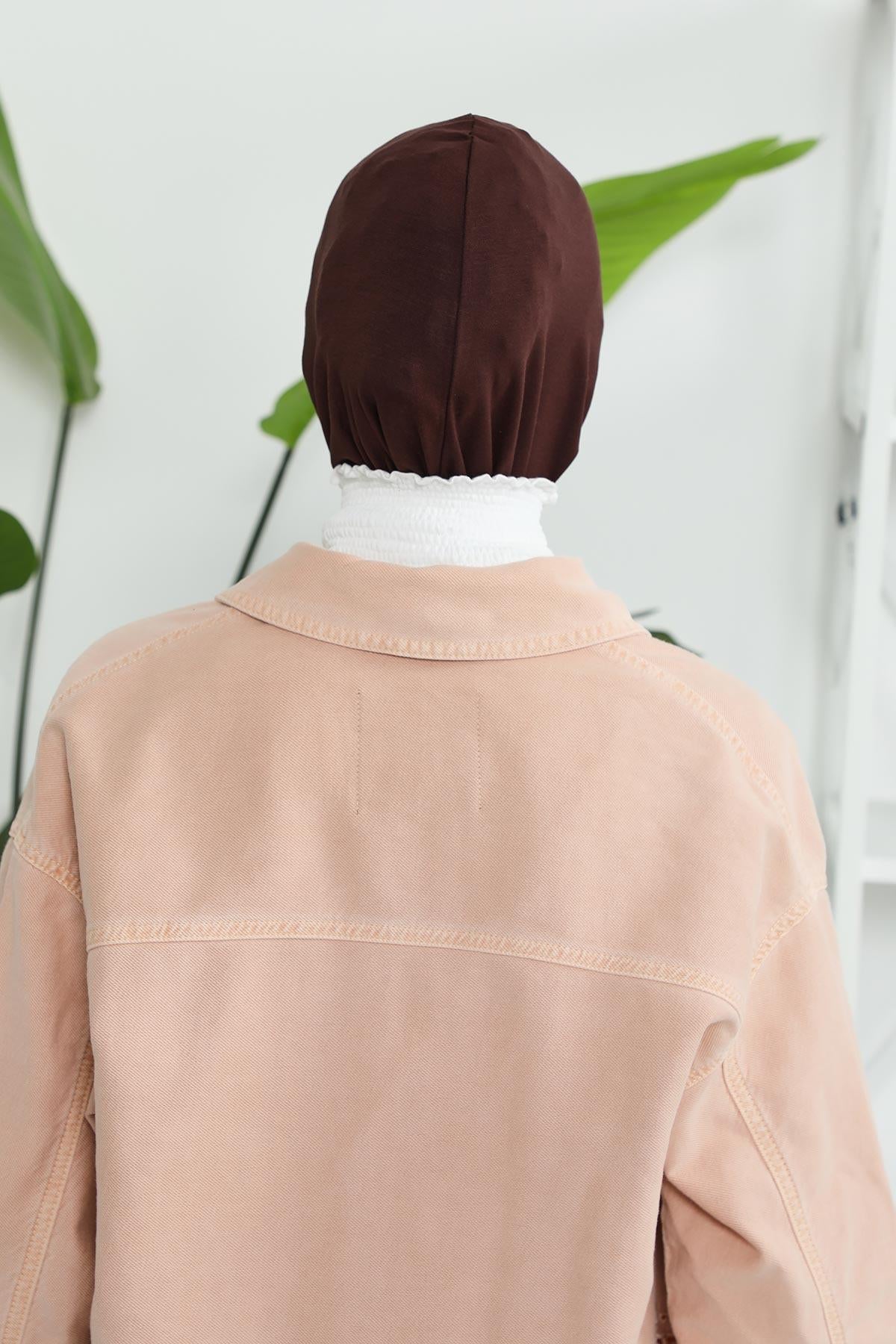 Minimalist Design Cotton Under Scarf Bonnet, Soft and Breathable Inner Hijab Cap, Easy Wear Cotton Bonnet Turban Ninja Cap,TB-4 Brown