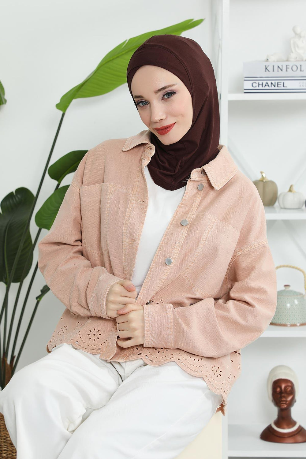 Minimalist Design Cotton Under Scarf Bonnet, Soft and Breathable Inner Hijab Cap, Easy Wear Cotton Bonnet Turban Ninja Cap,TB-4 Brown