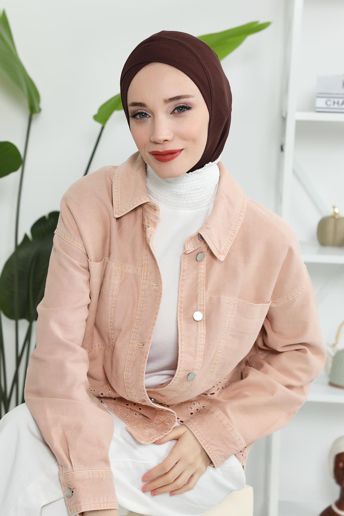 Minimalist Design Cotton Under Scarf Bonnet, Soft and Breathable Inner Hijab Cap, Easy Wear Cotton Bonnet Turban Ninja Cap,TB-4 Brown