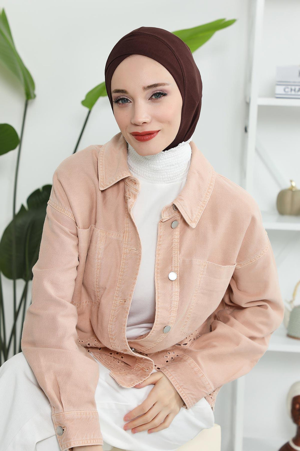 Minimalist Design Cotton Under Scarf Bonnet, Soft and Breathable Inner Hijab Cap, Easy Wear Cotton Bonnet Turban Ninja Cap,TB-4 Brown