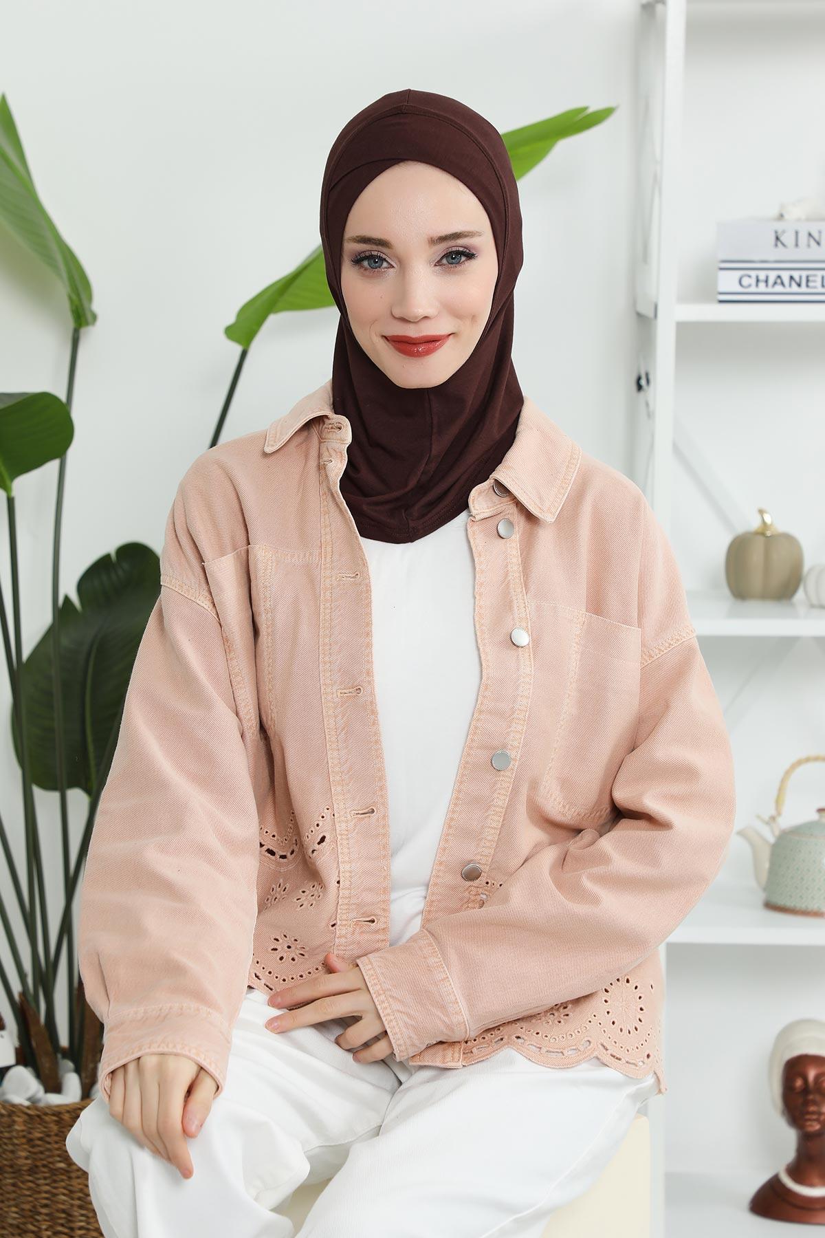 Minimalist Design Cotton Under Scarf Bonnet, Soft and Breathable Inner Hijab Cap, Easy Wear Cotton Bonnet Turban Ninja Cap,TB-4 Brown