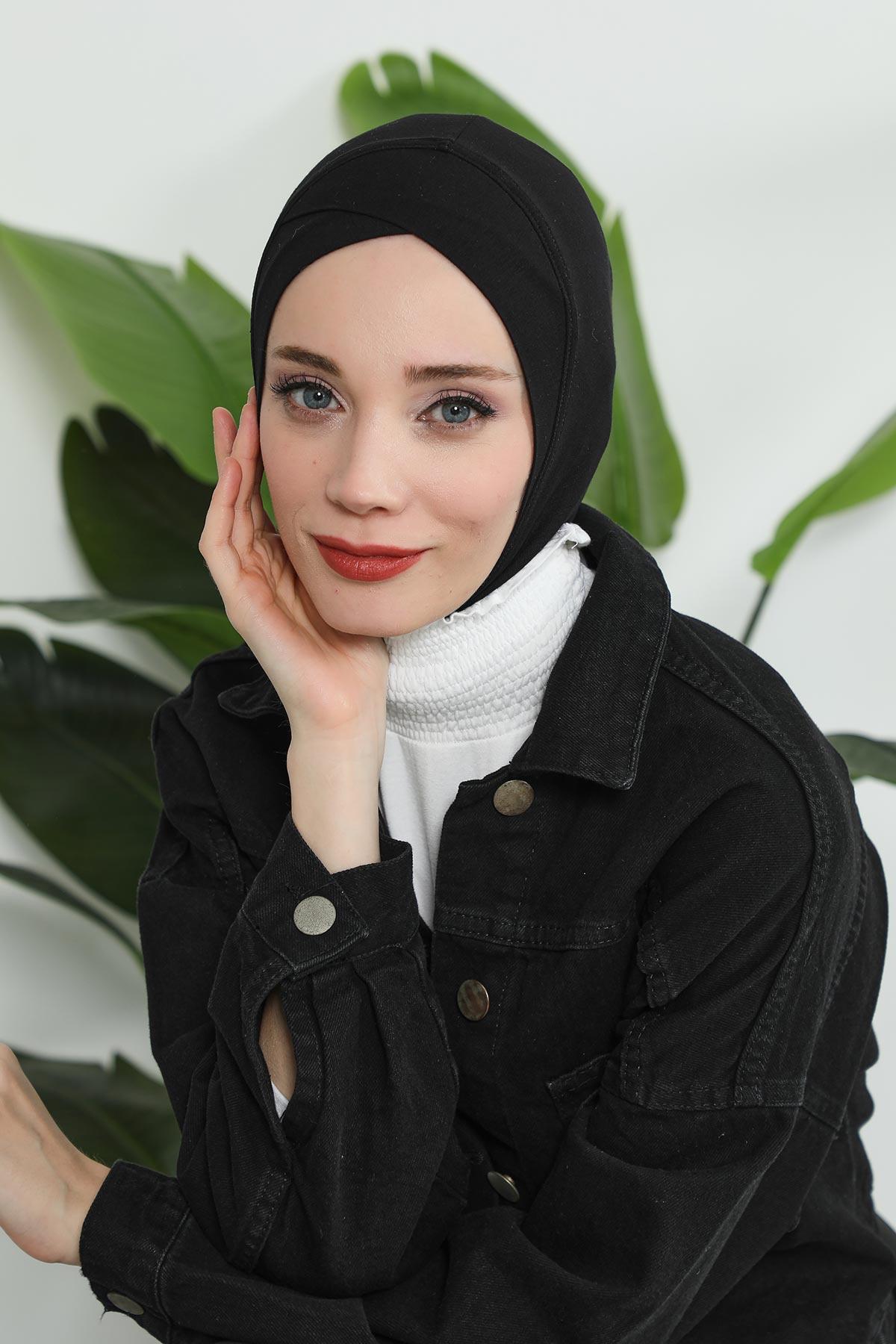 Minimalist Design Cotton Under Scarf Bonnet, Soft and Breathable Inner Hijab Cap, Easy Wear Cotton Bonnet Turban Ninja Cap,TB-4 Black