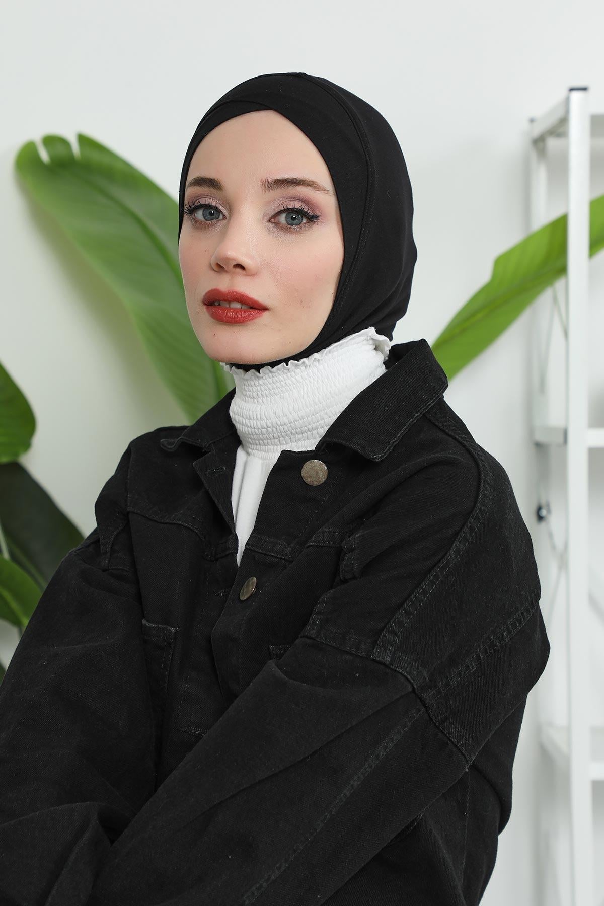 Minimalist Design Cotton Under Scarf Bonnet, Soft and Breathable Inner Hijab Cap, Easy Wear Cotton Bonnet Turban Ninja Cap,TB-4 Black