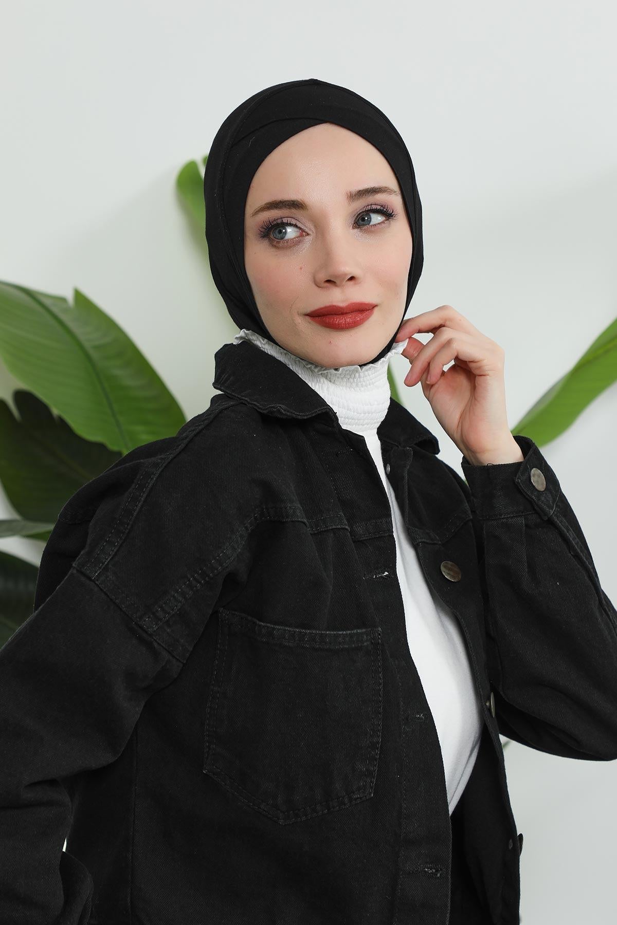 Minimalist Design Cotton Under Scarf Bonnet, Soft and Breathable Inner Hijab Cap, Easy Wear Cotton Bonnet Turban Ninja Cap,TB-4 Black