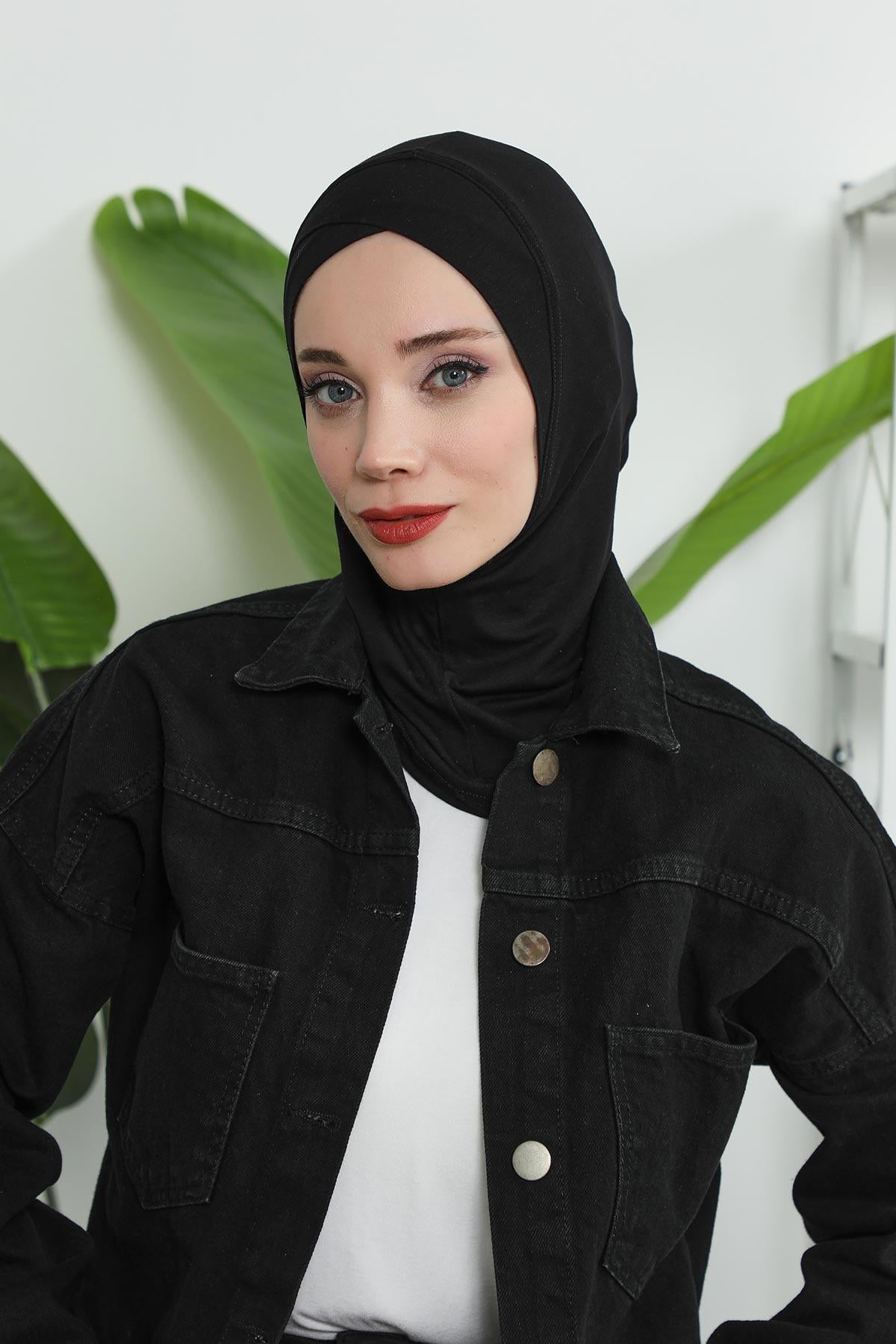 Minimalist Design Cotton Under Scarf Bonnet, Soft and Breathable Inner Hijab Cap, Easy Wear Cotton Bonnet Turban Ninja Cap,TB-4 Black