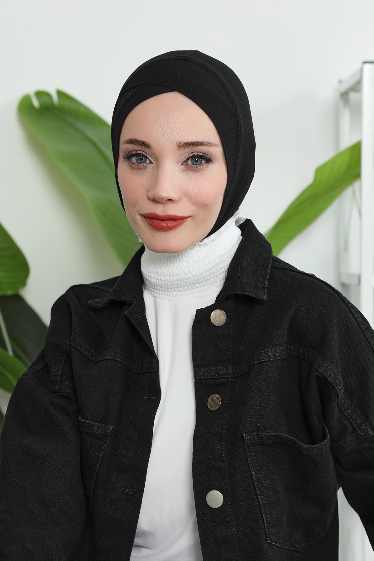 Minimalist Design Cotton Under Scarf Bonnet, Soft and Breathable Inner Hijab Cap, Easy Wear Cotton Bonnet Turban Ninja Cap,TB-4 Black