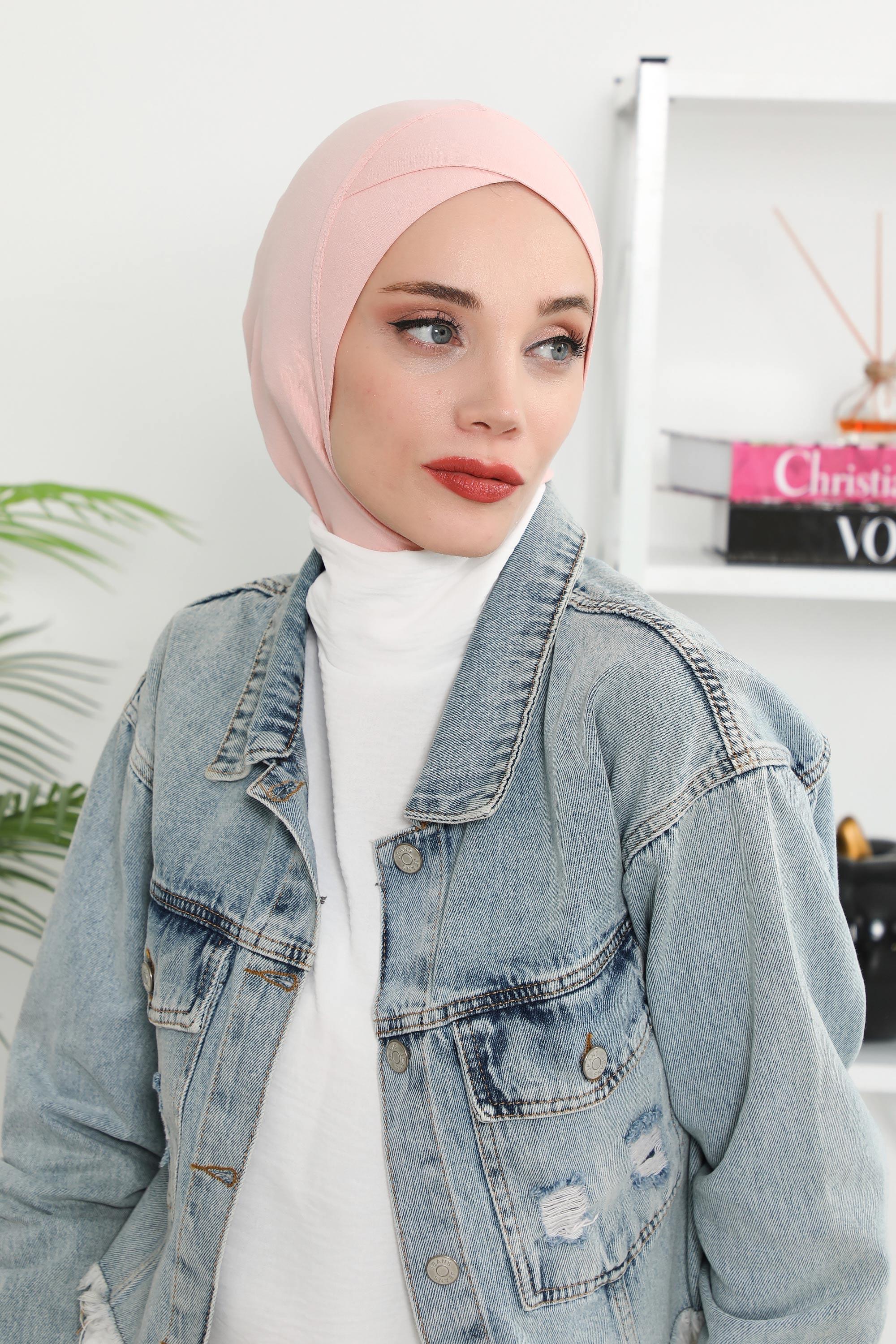 Minimalist Design Cotton Under Scarf Bonnet, Soft and Breathable Inner Hijab Cap, Easy Wear Cotton Bonnet Turban Ninja Cap,TB-4 Powder