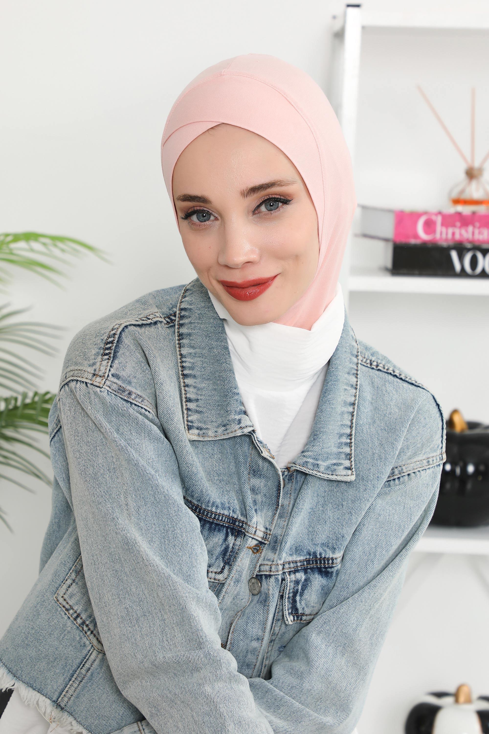 Minimalist Design Cotton Under Scarf Bonnet, Soft and Breathable Inner Hijab Cap, Easy Wear Cotton Bonnet Turban Ninja Cap,TB-4 Powder