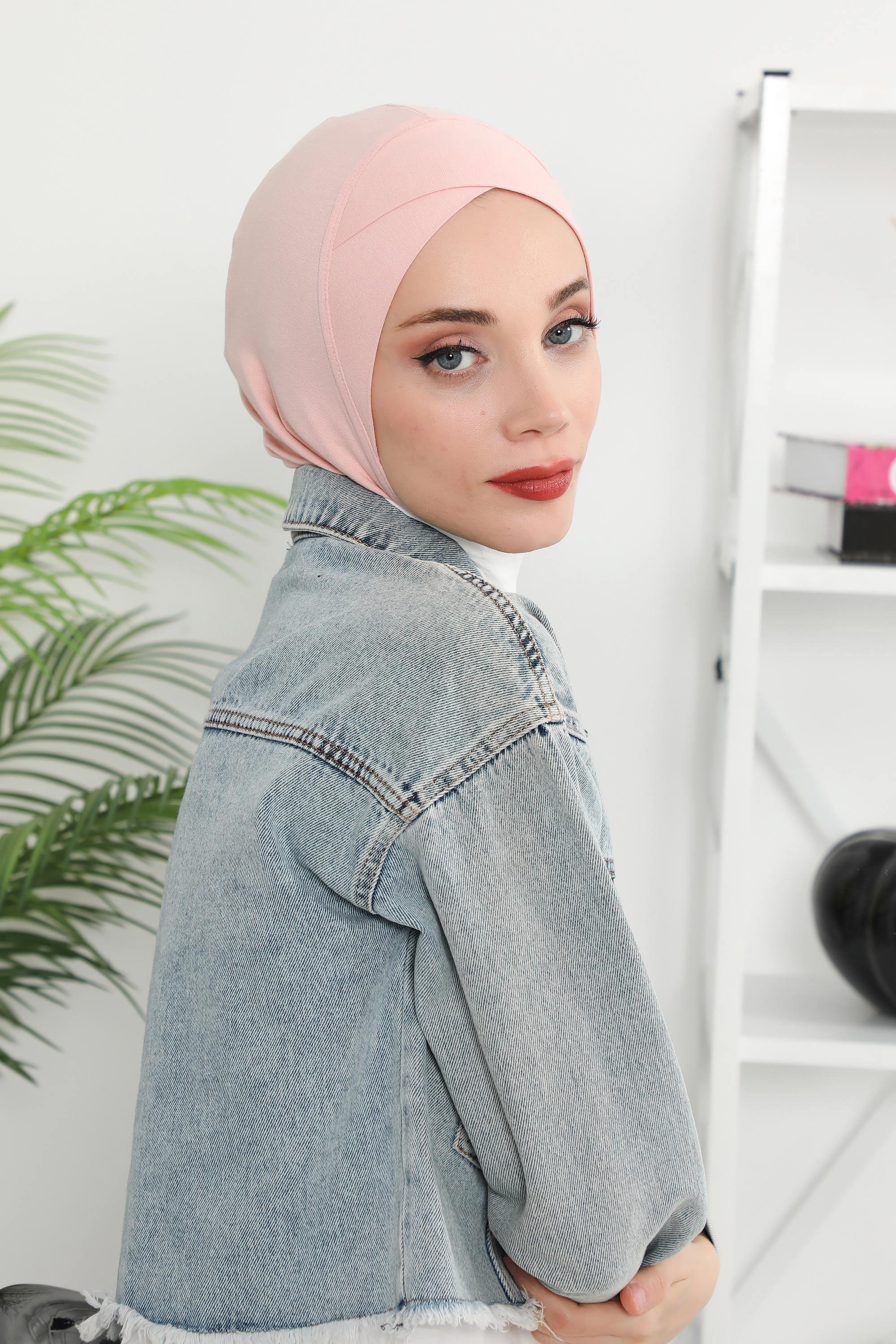 Minimalist Design Cotton Under Scarf Bonnet, Soft and Breathable Inner Hijab Cap, Easy Wear Cotton Bonnet Turban Ninja Cap,TB-4 Powder