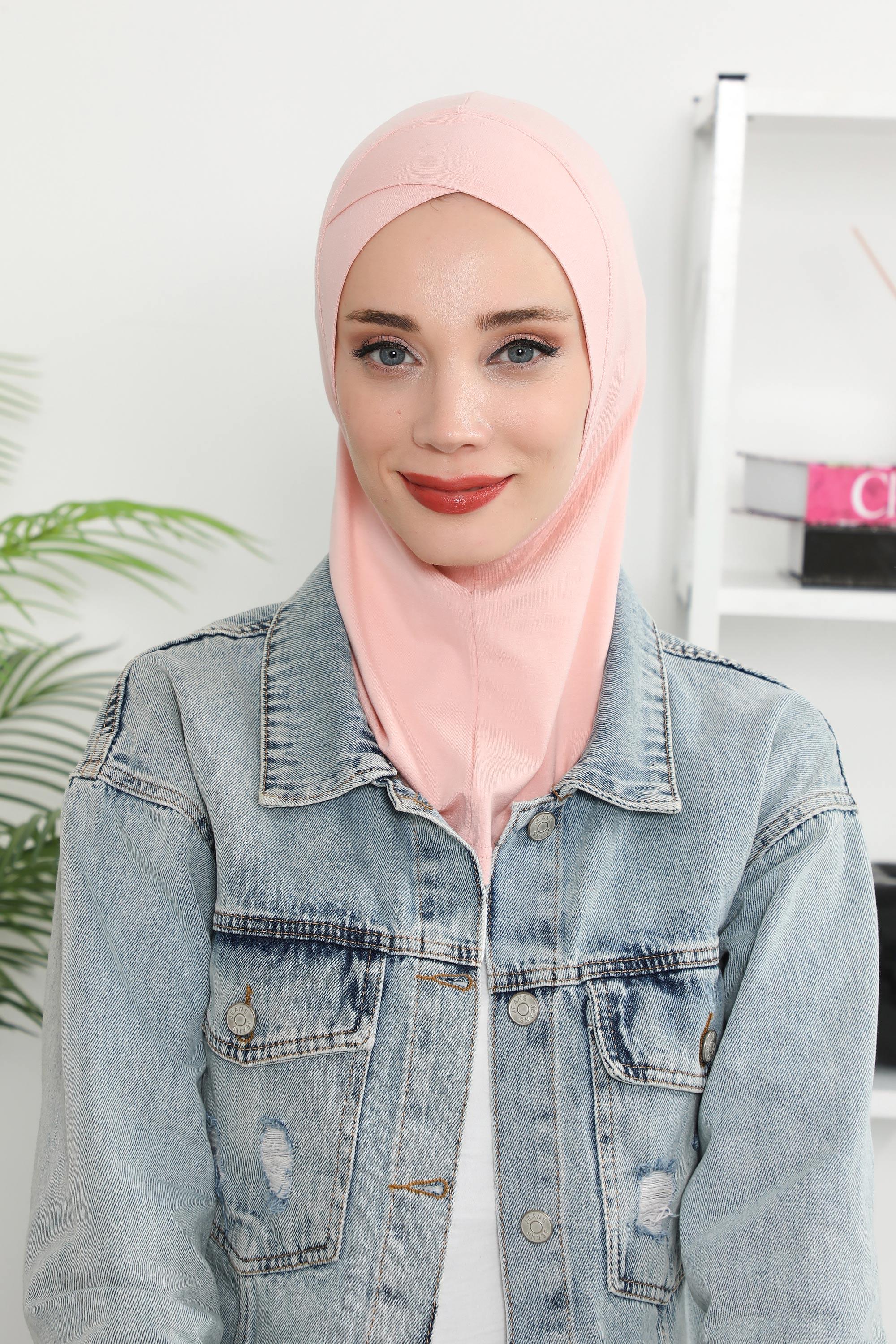 Minimalist Design Cotton Under Scarf Bonnet, Soft and Breathable Inner Hijab Cap, Easy Wear Cotton Bonnet Turban Ninja Cap,TB-4 Powder