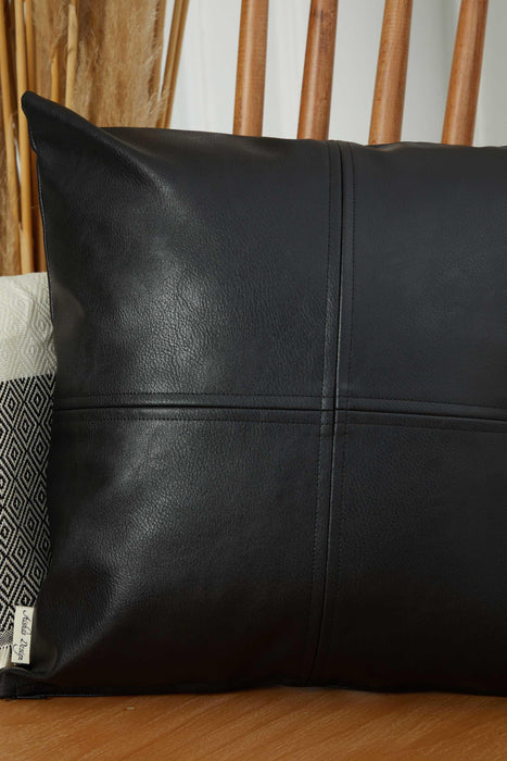 غطاء وسادة عصري مربع من الجلد الصناعي، غطاء وسادة أنيق مع تفاصيل غرز لديكور المنزل المعاصر، وسادة مزخرفة مقاس 18 × 18، K-369