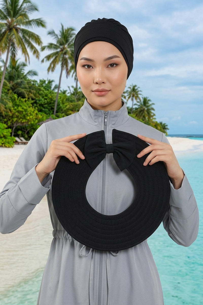 Modest Beach Turban Bonnet with Removable Bow Brim, Quick Dry Sandy Fabric Sun Hat Hijab for Women,S-10SN