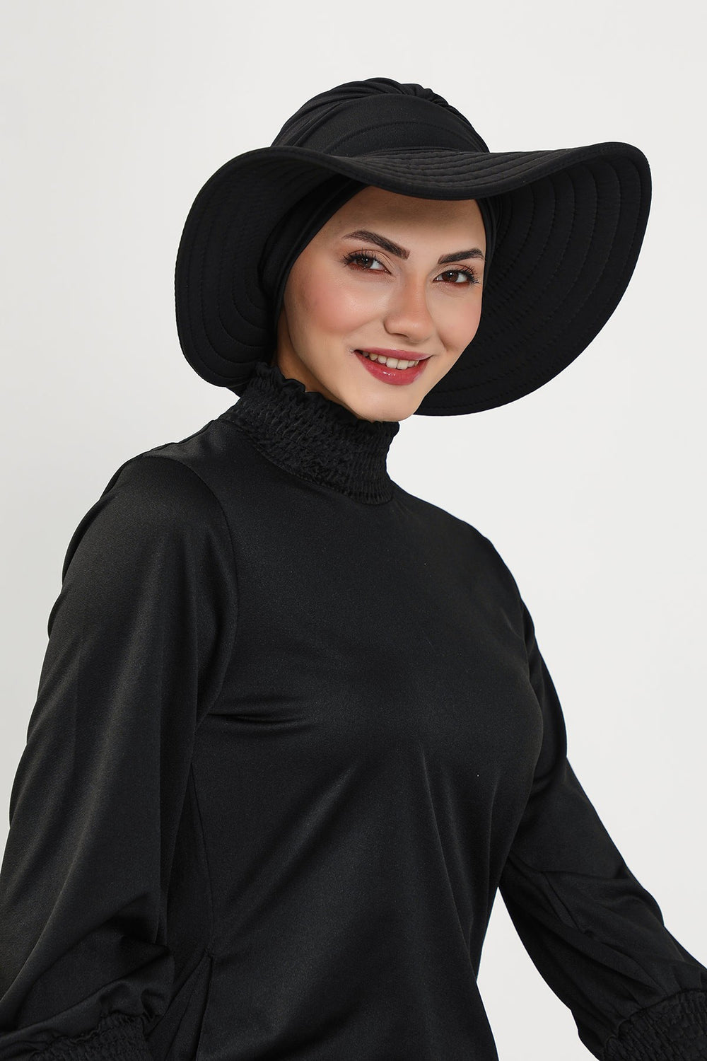 Modest Beach Turban Bonnet with Removable Bow Brim, Quick Dry Sandy Fabric Sun Hat Hijab for Women,S-10SN Black