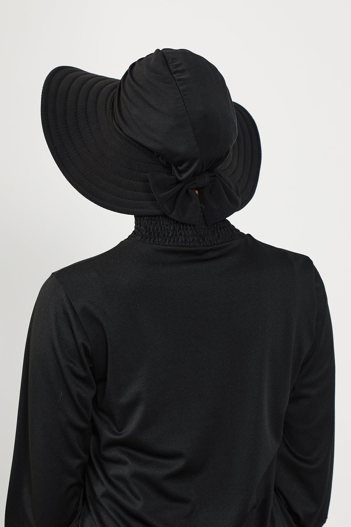 Modest Beach Turban Bonnet with Removable Bow Brim, Quick Dry Sandy Fabric Sun Hat Hijab for Women,S-10SN Black