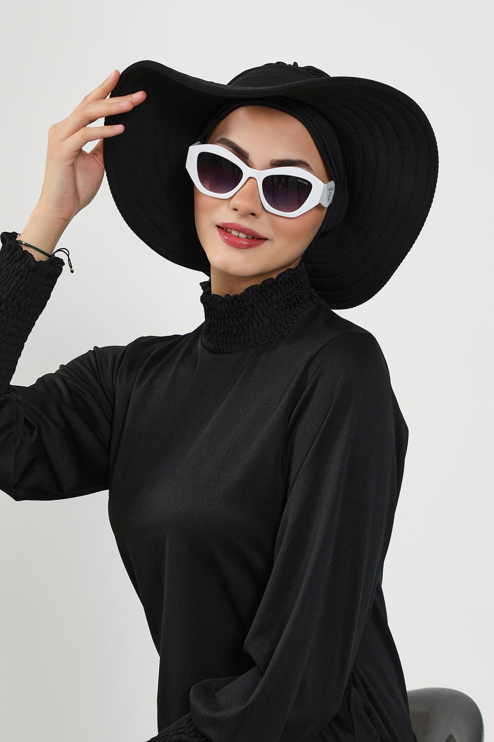 Modest Beach Turban Bonnet with Removable Bow Brim, Quick Dry Sandy Fabric Sun Hat Hijab for Women,S-10SN Black
