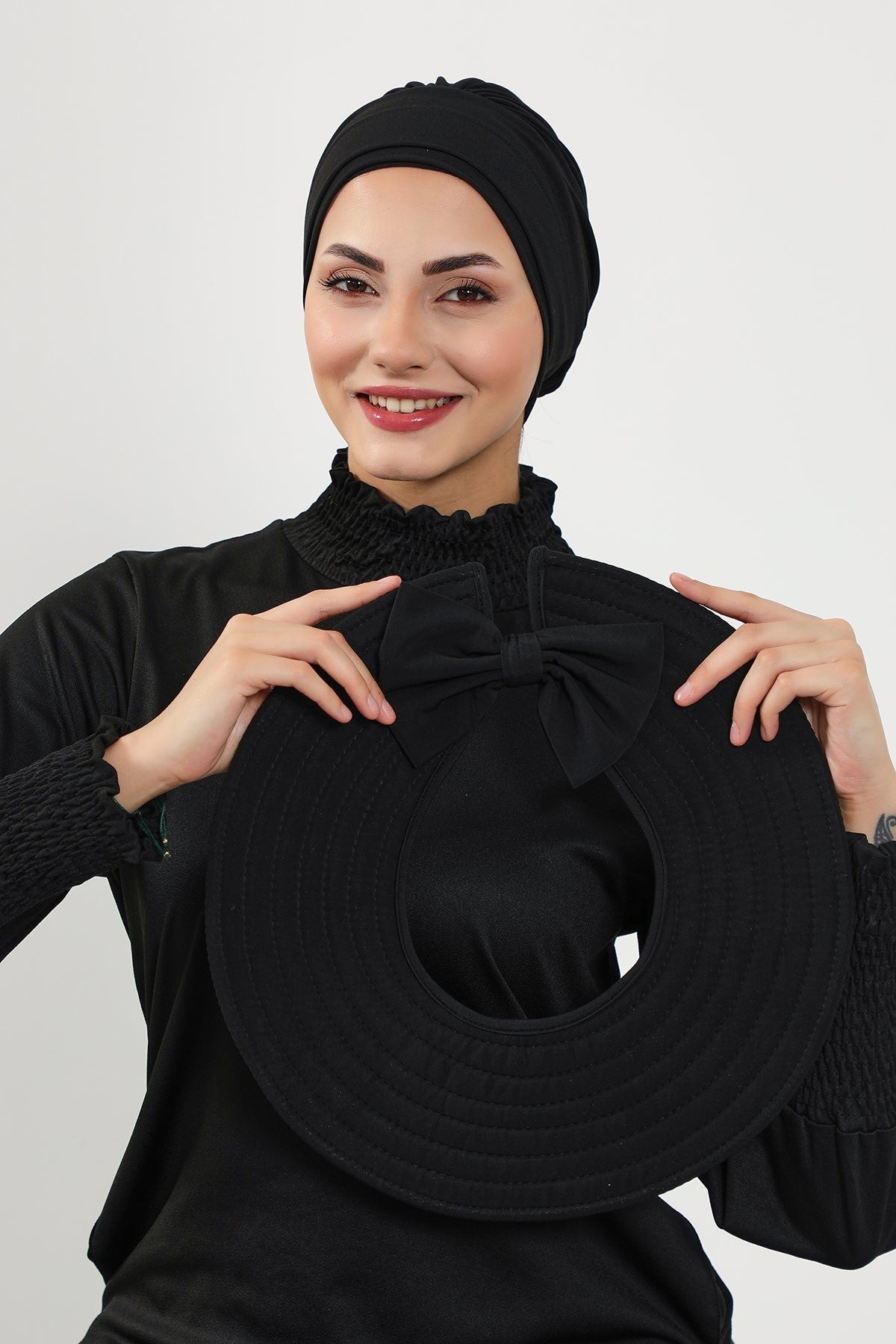 Modest Beach Turban Bonnet with Removable Bow Brim, Quick Dry Sandy Fabric Sun Hat Hijab for Women,S-10SN Black