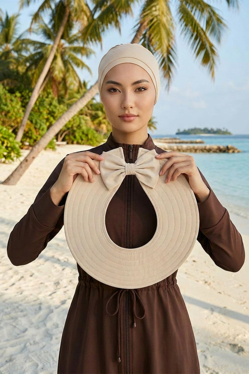 Modest Beach Turban Bonnet with Removable Bow Brim, Quick Dry Sandy Fabric Sun Hat Hijab for Women,S-10SN