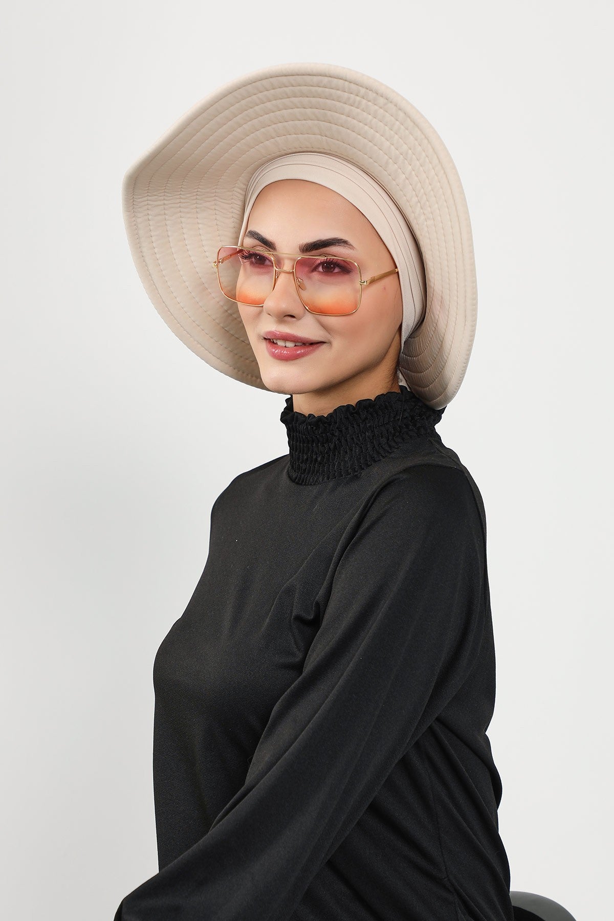 Modest Beach Turban Bonnet with Removable Bow Brim, Quick Dry Sandy Fabric Sun Hat Hijab for Women,S-10SN Beige