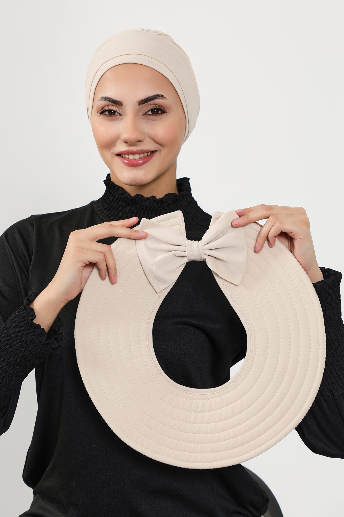 Modest Beach Turban Bonnet with Removable Bow Brim, Quick Dry Sandy Fabric Sun Hat Hijab for Women,S-10SN Beige