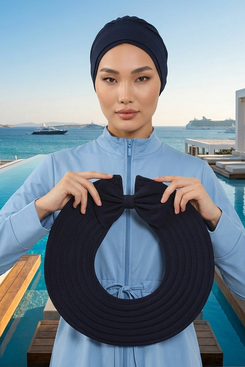 Modest Beach Turban Bonnet with Removable Bow Brim, Quick Dry Sandy Fabric Sun Hat Hijab for Women,S-10SN