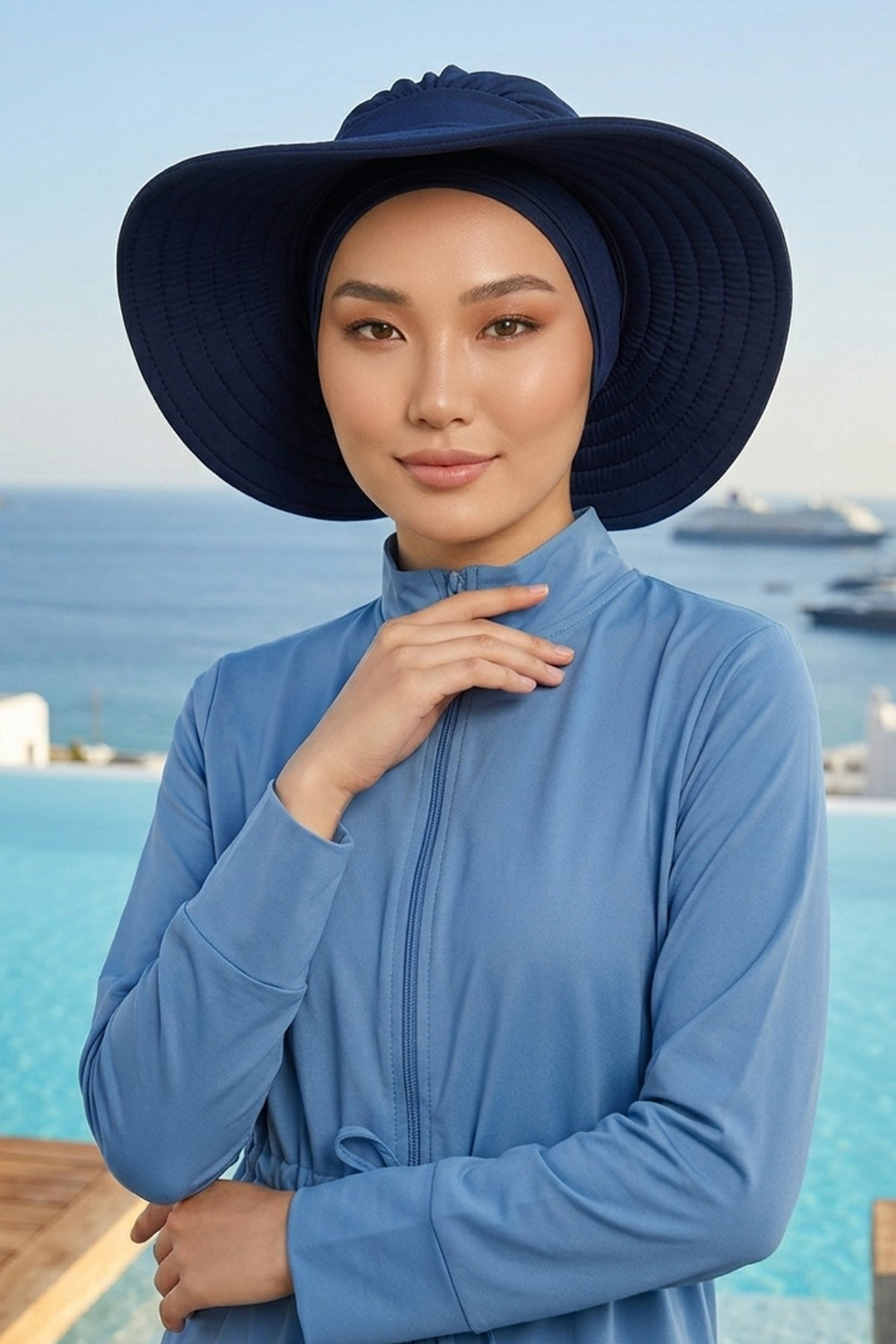 Modest Beach Turban Bonnet with Removable Bow Brim, Quick Dry Sandy Fabric Sun Hat Hijab for Women,S-10SN Navy Blue