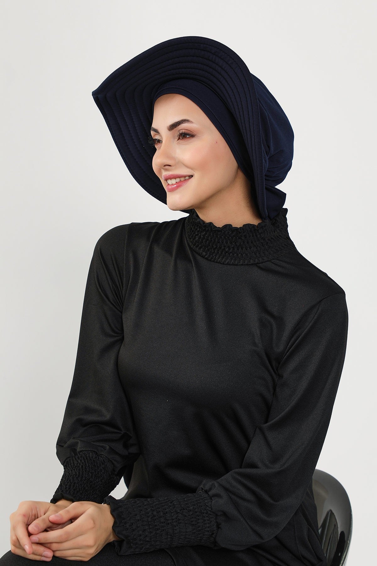 Modest Beach Turban Bonnet with Removable Bow Brim, Quick Dry Sandy Fabric Sun Hat Hijab for Women,S-10SN Navy Blue