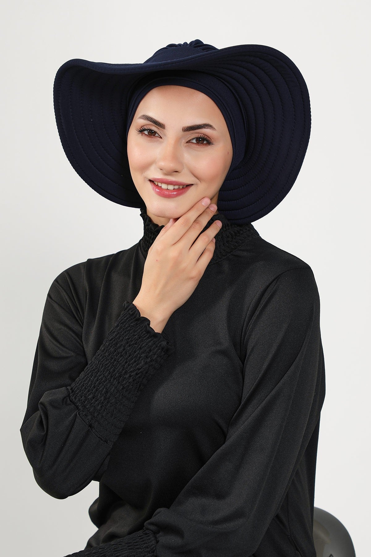 Modest Beach Turban Bonnet with Removable Bow Brim, Quick Dry Sandy Fabric Sun Hat Hijab for Women,S-10SN Navy Blue
