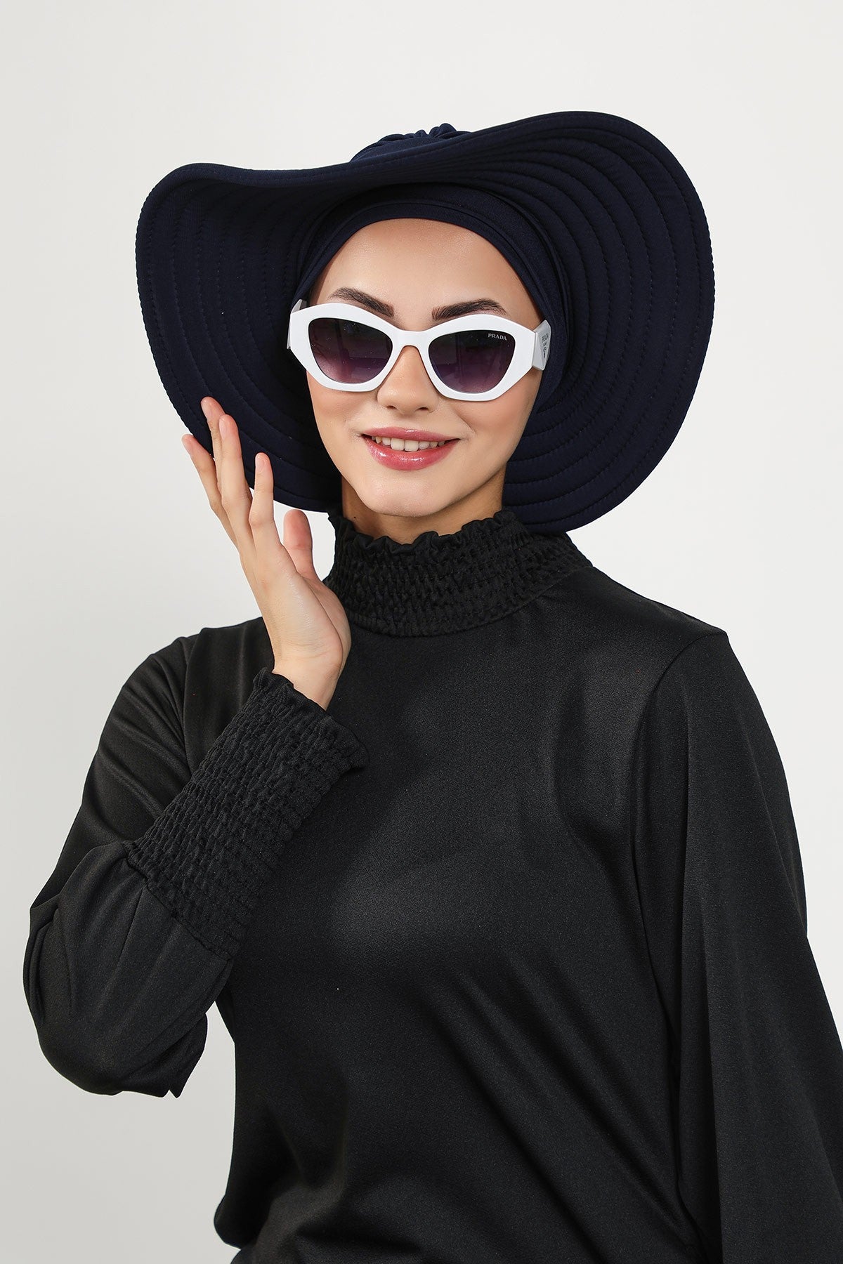 Modest Beach Turban Bonnet with Removable Bow Brim, Quick Dry Sandy Fabric Sun Hat Hijab for Women,S-10SN Navy Blue