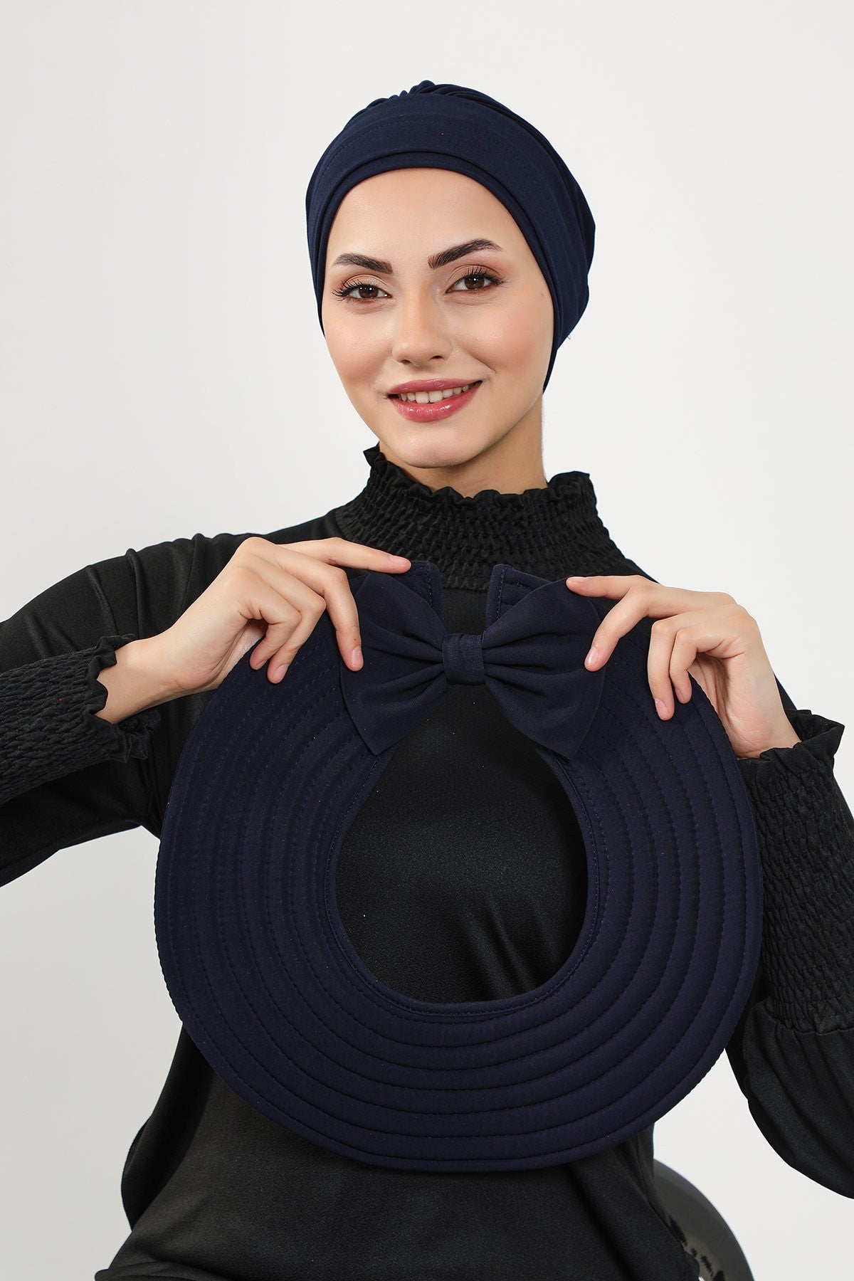 Modest Beach Turban Bonnet with Removable Bow Brim, Quick Dry Sandy Fabric Sun Hat Hijab for Women,S-10SN Navy Blue